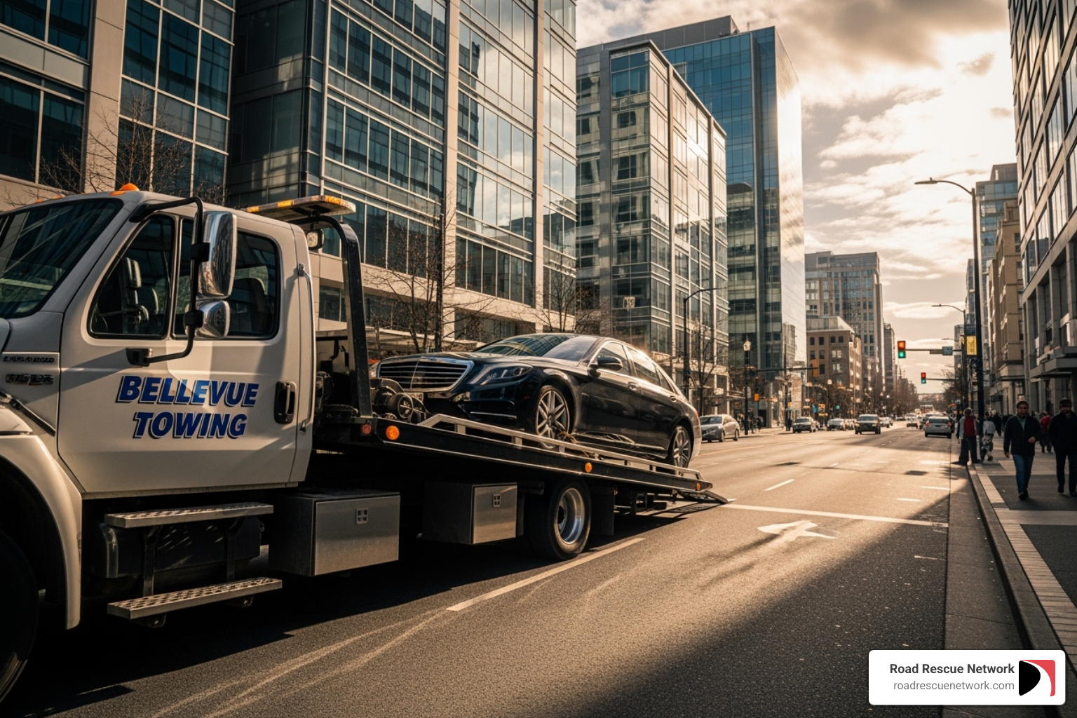 flatbed tow truck loading a luxury sedan - roadside assistance bellevue