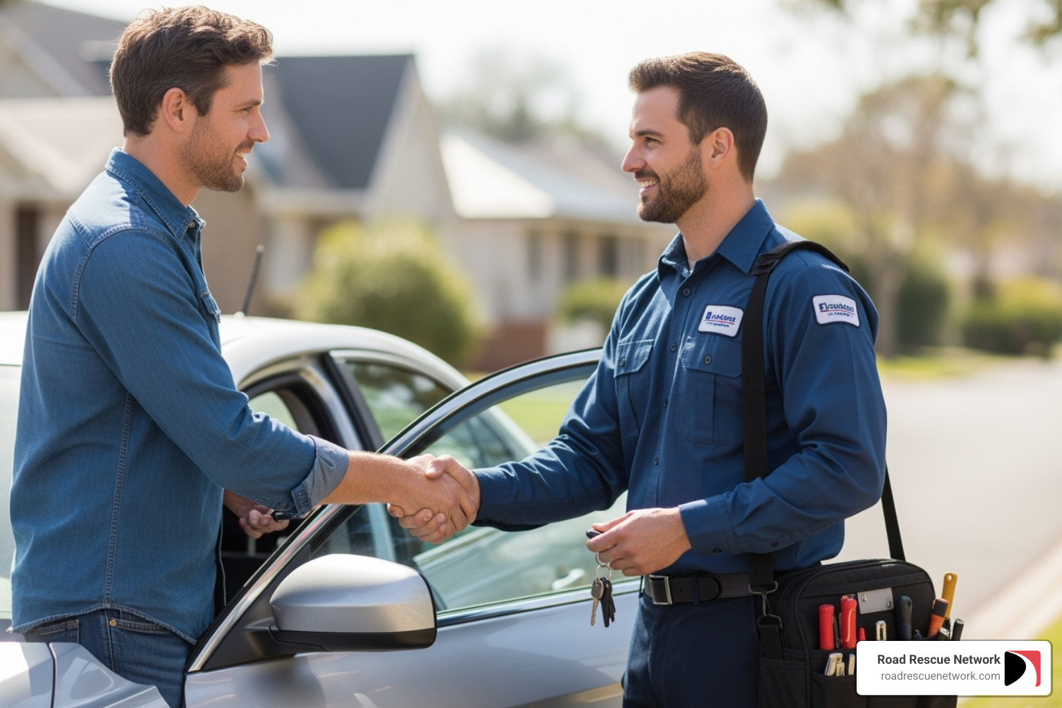 customer shaking hands with a uniformed locksmith - 24 hour mobile car locksmith