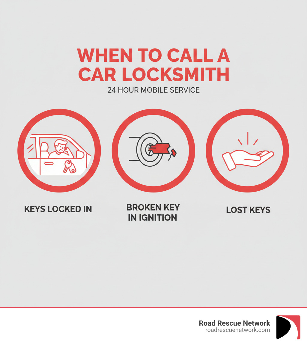 infographic showing three main scenarios requiring a car locksmith: keys locked inside vehicle with person looking through window, broken key stuck in ignition, and lost keys with empty hand - 24 hour mobile car locksmith infographic 