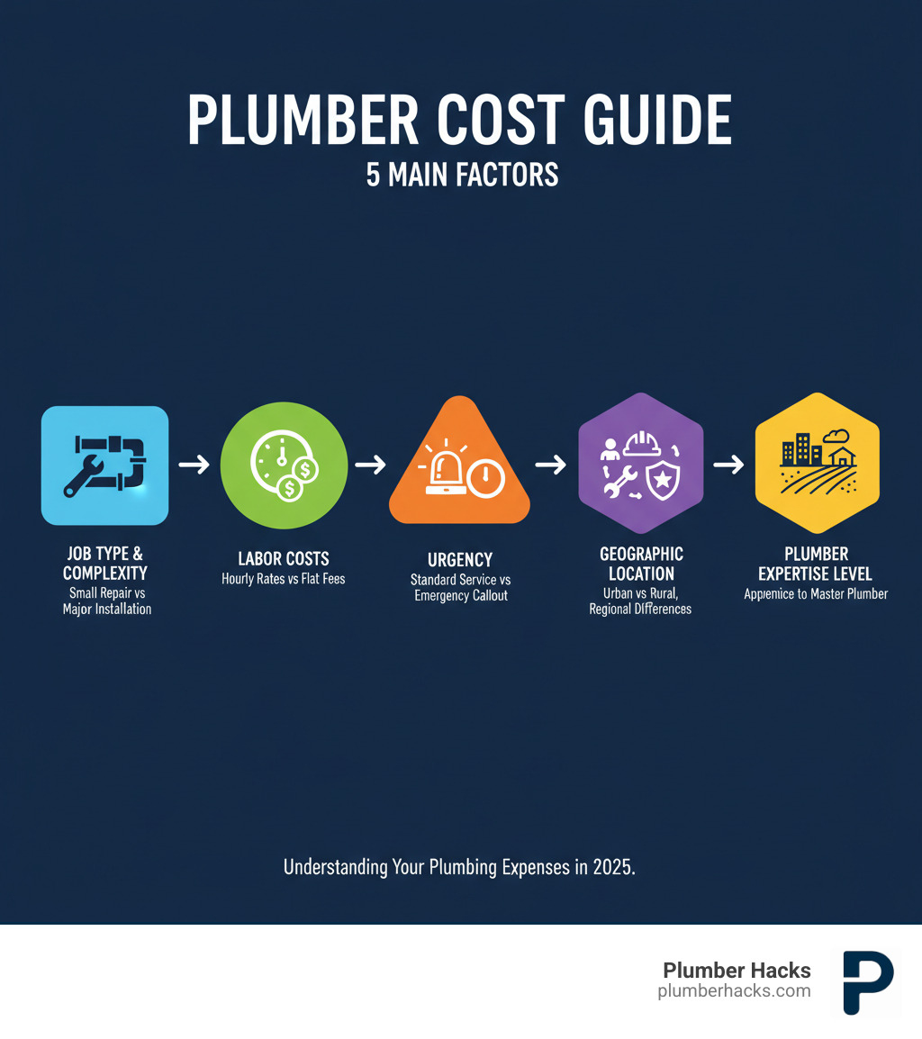 infographic showing five main factors that influence plumber costs: job type and complexity (small repair vs major installation), labor costs (hourly rates vs flat fees), urgency (standard service vs emergency callout), geographic location (urban vs rural, regional differences), and plumber expertise level (apprentice to master plumber) - plumber cost guide infographic 