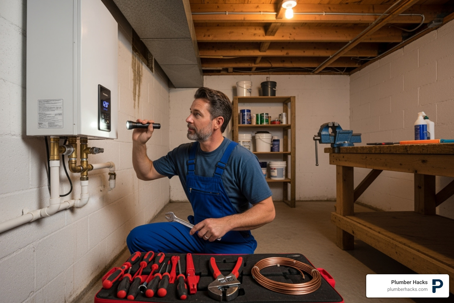plumber inspecting tankless water heater - plumber cost guide