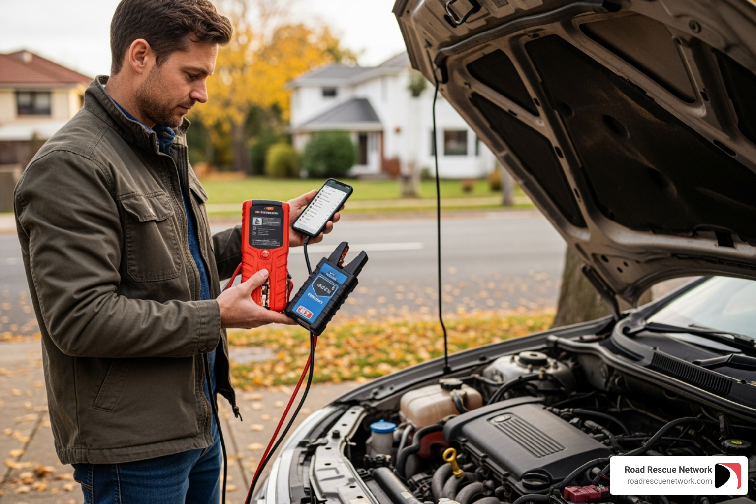 driver comparing jump starter options and considering roadside assistance - jump starter