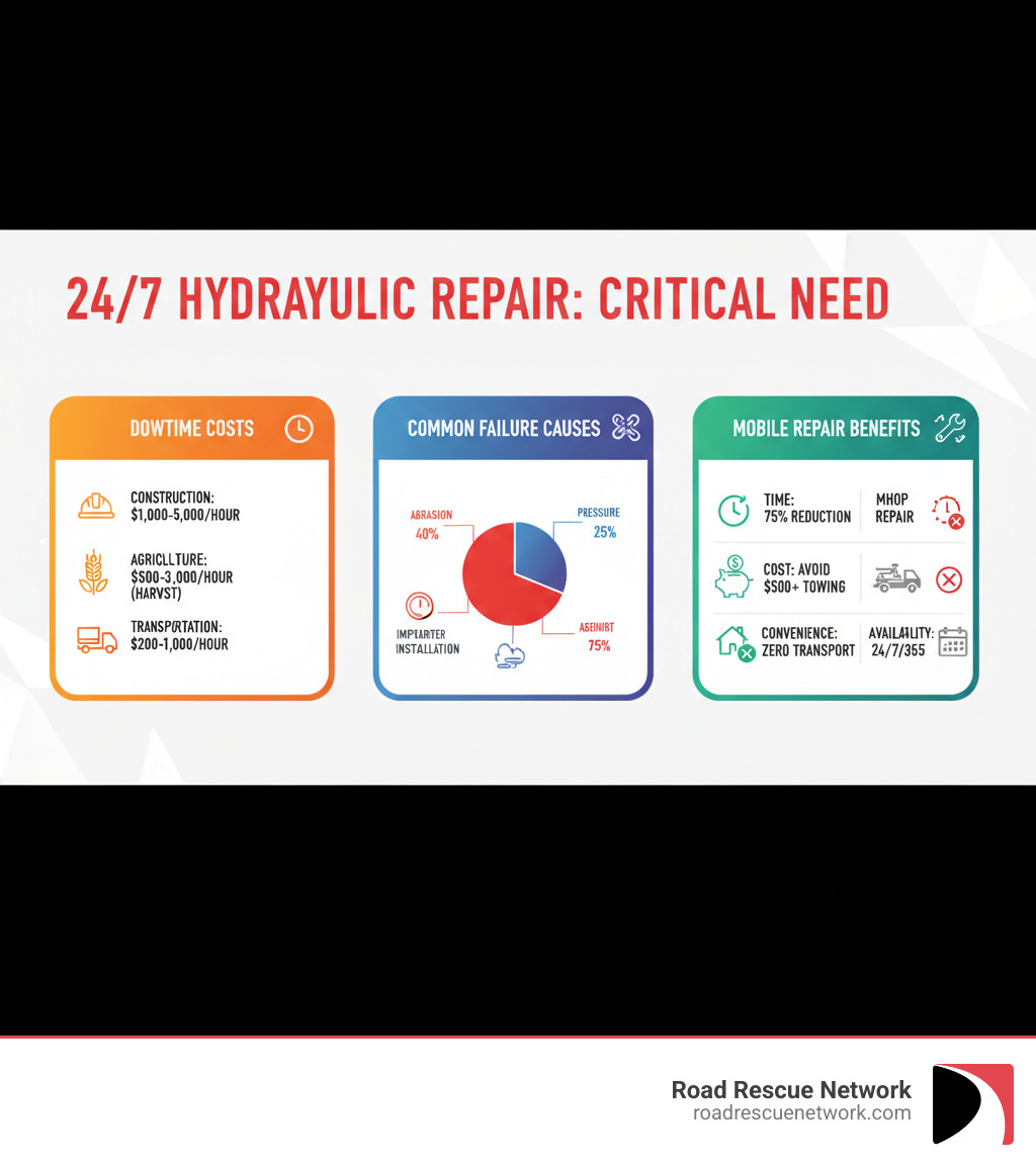 Infographic showing the critical need for 24/7 hydraulic repair services, including average downtime costs by industry (construction: $1,000-5,000/hour, agriculture: $500-3,000/hour during harvest, transportation: $200-1,000/hour), common failure causes (abrasion 40%, pressure spikes 25%, improper installation 20%, age/environmental 15%), and mobile repair benefits versus shop repair (time savings: 75% reduction, cost savings: avoid $500+ towing fees, convenience: zero transport required, availability: 24/7/365 coverage) - 24 hour hydraulic hose repair near me infographic 