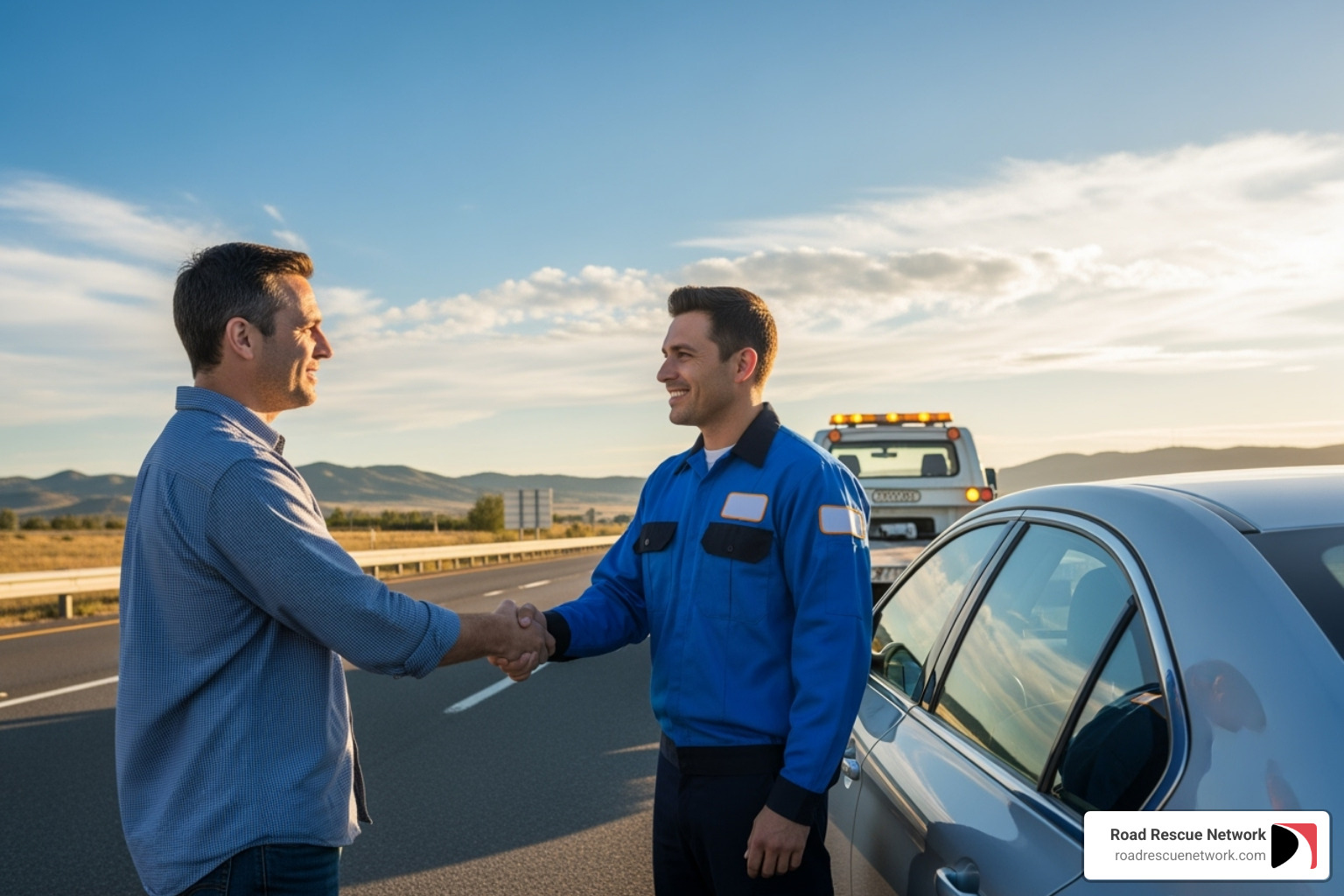 friendly, uniformed technician shaking hands with a satisfied customer - 24 hr car unlocking emergency roadside services