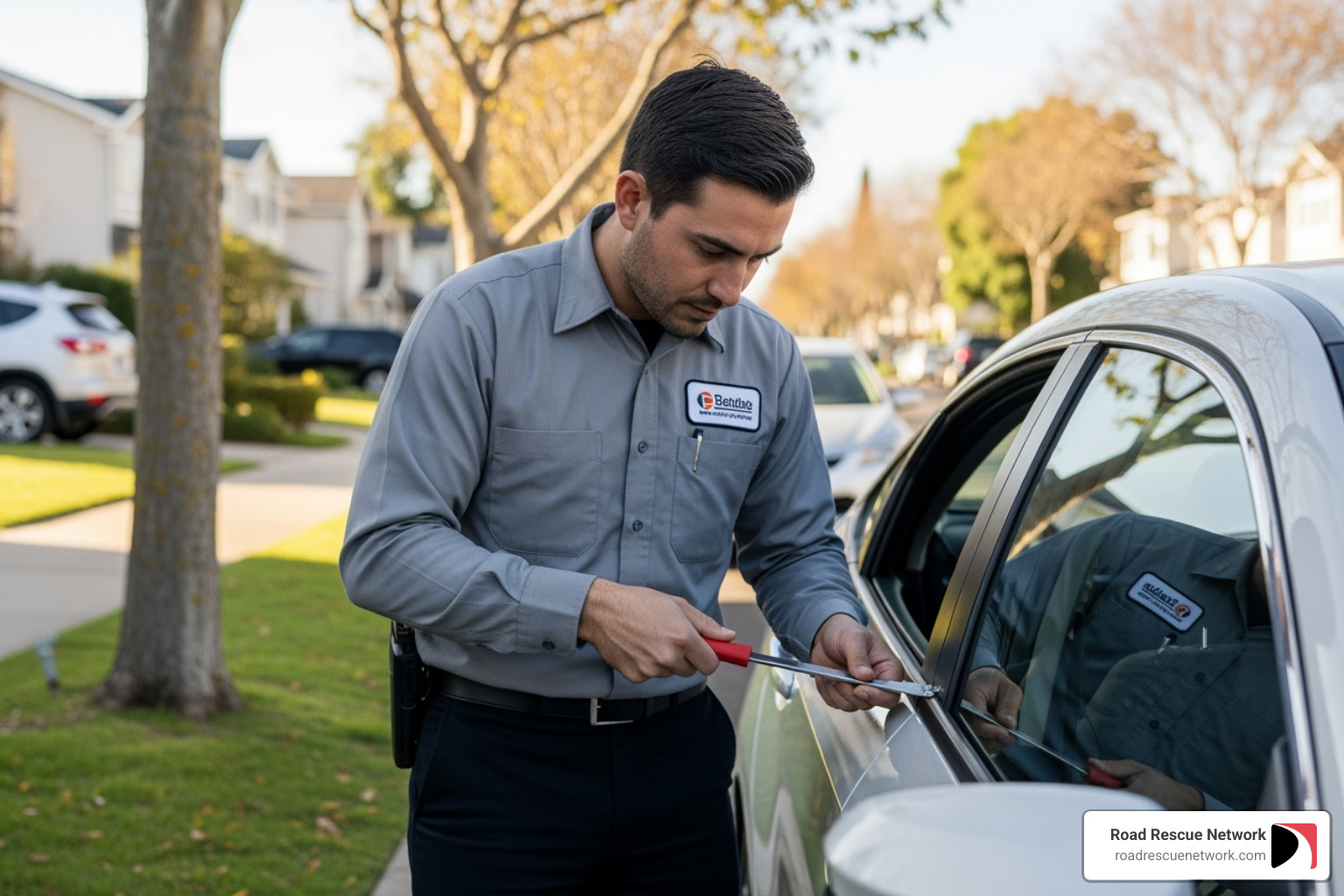 technician using a specialized tool to open a car door without causing damage - 24 hr car unlocking emergency roadside services