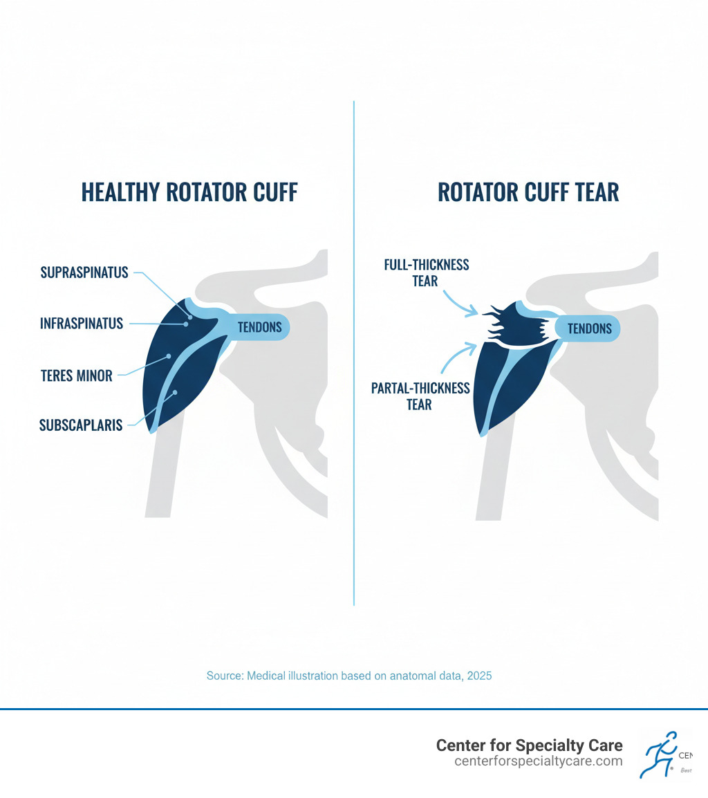 Infographic showing the anatomy of a healthy rotator cuff with the four muscles (supraspinatus, infraspinatus, teres minor, and subscapularis) labeled, alongside a comparison image of a shoulder with a rotator cuff tear showing the tendon detached from the bone, with arrows indicating the difference between partial-thickness and full-thickness tears - rotator cuff tear infographic 