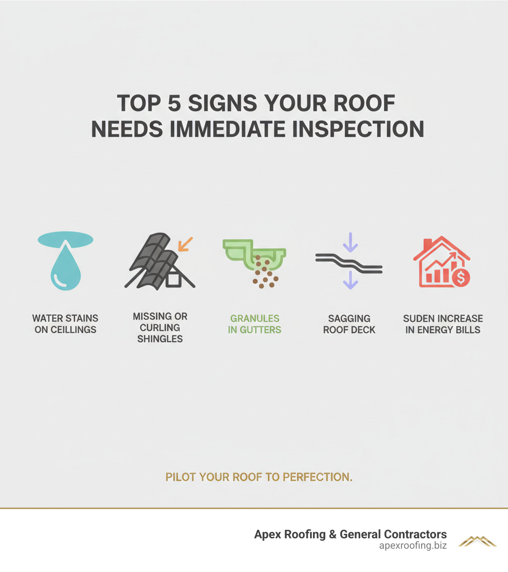 Infographic showing the top 5 signs your roof needs immediate inspection: water stains on ceilings, missing or curling shingles, granules in gutters, sagging roof deck, and sudden increases in energy bills - alamo heights roofing company infographic 