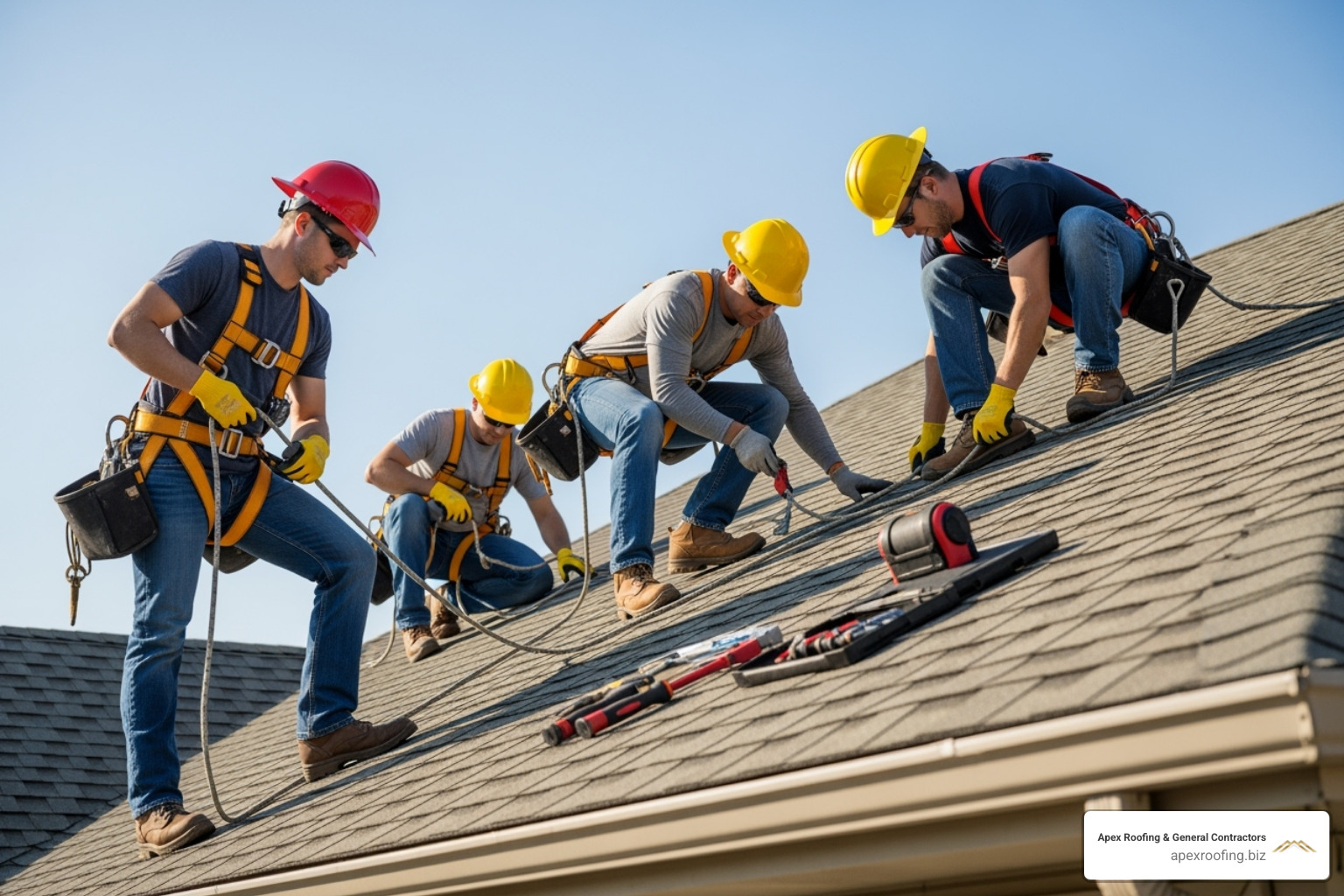 Professional roofing crew working safely on a roof - alamo heights roofing company