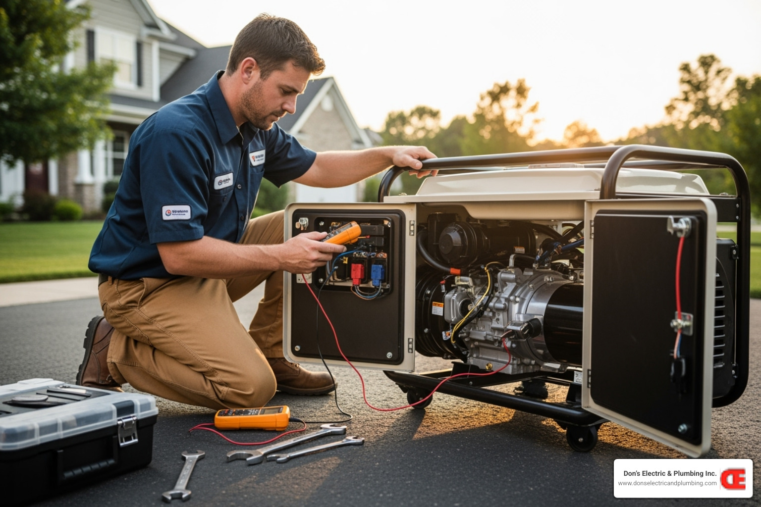 A professional technician troubleshooting a generator in a residential setting - emergency generator repair canajoharie