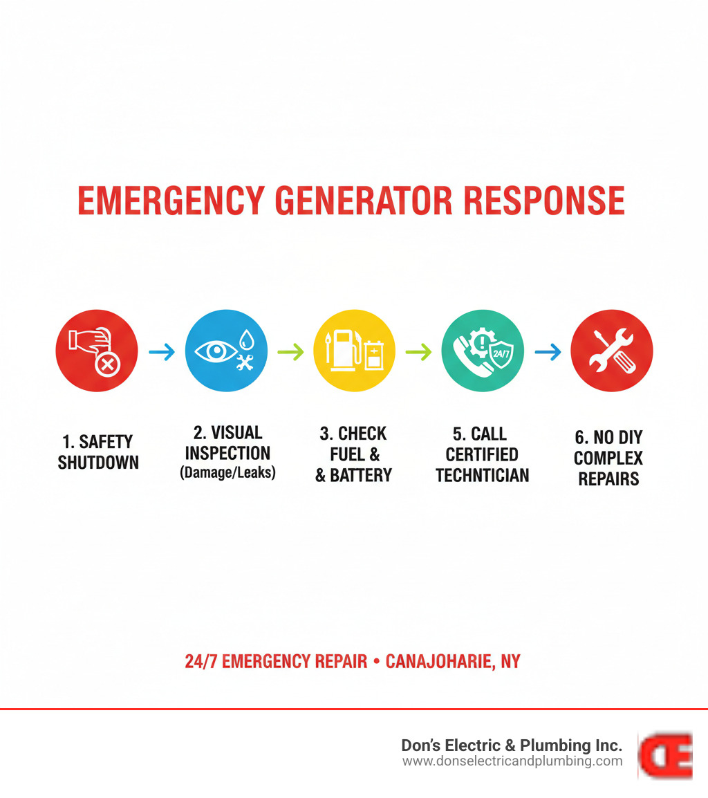 infographic showing steps for generator emergency response: 1. Safety check and shutdown 2. Visual inspection for damage or leaks 3. Check fuel and battery 4. Note warning lights or unusual sounds 5. Call certified technician for 24/7 emergency repair 6. Never attempt complex repairs yourself - emergency generator repair canajoharie infographic 