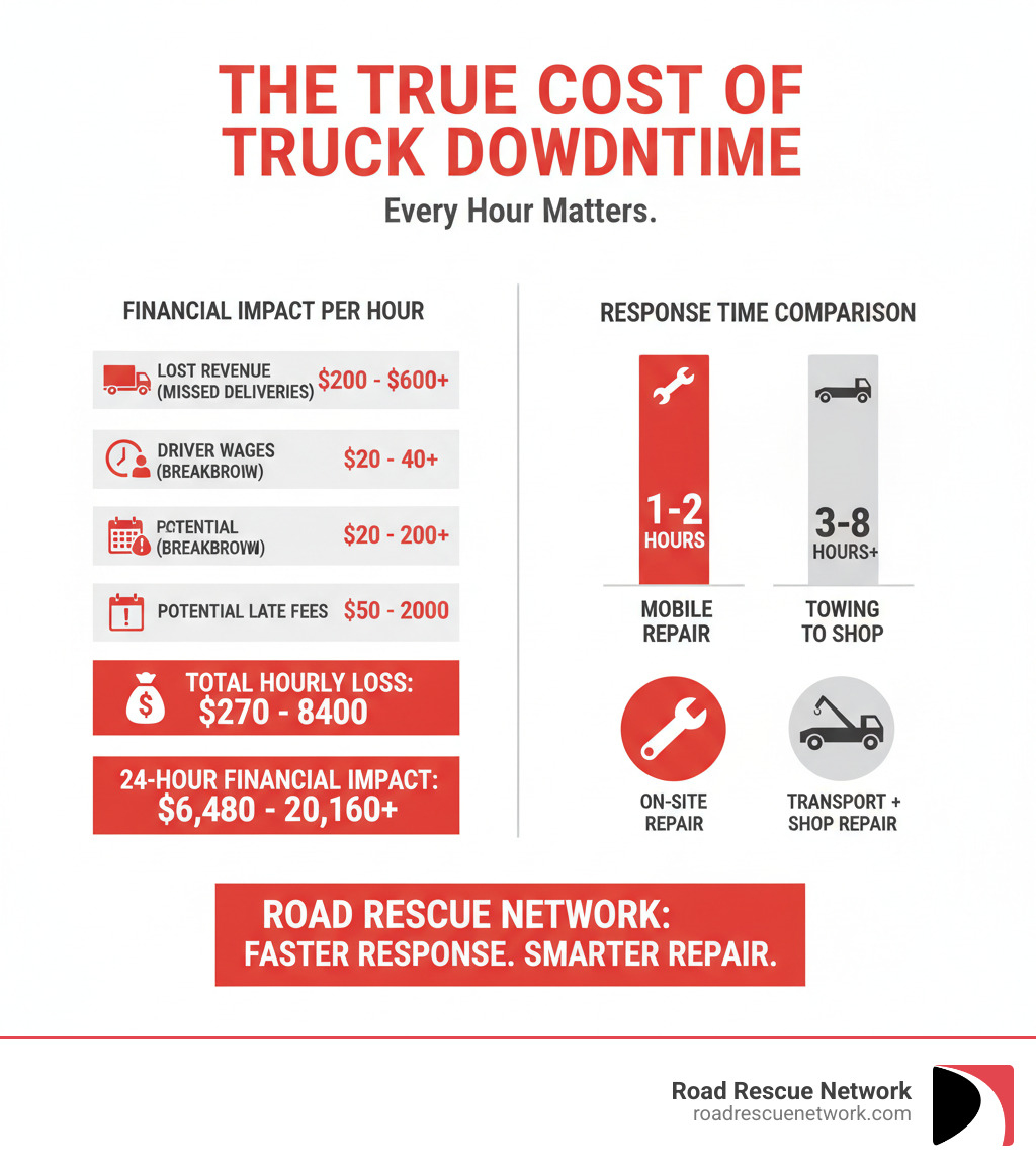 infographic showing cost of truck downtime per hour including lost revenue from missed deliveries, driver wages during breakdown, potential late fees, and total financial impact over 24 hours, plus response time comparison between mobile repair versus towing to shop - 24 hour mobile truck repair service emergency infographic 