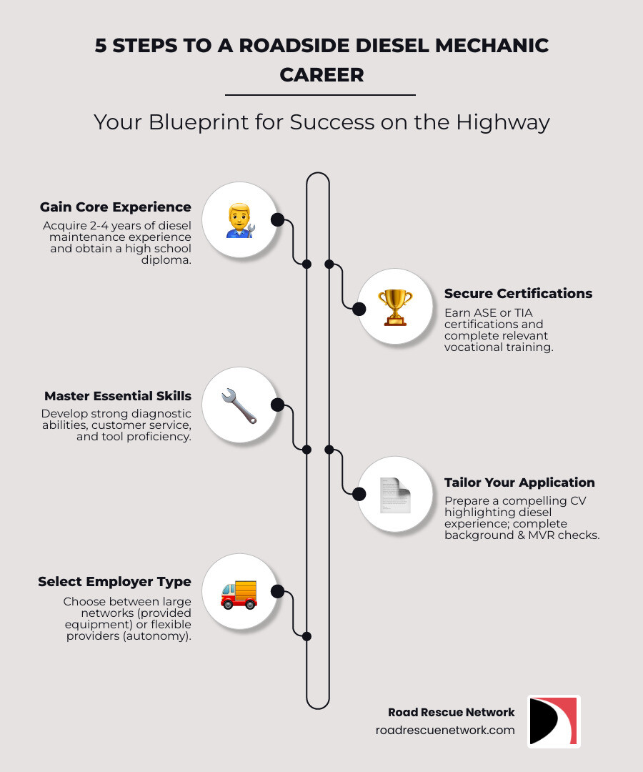 Infographic showing 5 key steps to becoming a roadside diesel mechanic: 1) Gain 2-4 years diesel maintenance experience and obtain high school diploma 2) Earn ASE or TIA certifications and complete vocational training 3) Build essential skills including diagnostics, customer service, and tool proficiency 4) Prepare application materials highlighting diesel experience and complete background checks 5) Choose employer type between established companies with provided equipment or flexible networks with schedule autonomy - apply for road rescue position diesel infographic infographic-line-5-steps-elegant_beige Infographic showing 5 key steps to becoming a roadside diesel mechanic: 1) Gain 2-4 years diesel maintenance experience and obtain high school diploma 2) Earn ASE or TIA certifications and complete vocational training 3) Build essential skills including diagnostics, customer service, and tool proficiency 4) Prepare application materials highlighting diesel experience and complete background checks 5) Choose employer type between established companies with provided equipment or flexible networks with schedule autonomy - apply for road rescue position diesel infographic infographic-line-5-steps-elegant_beige