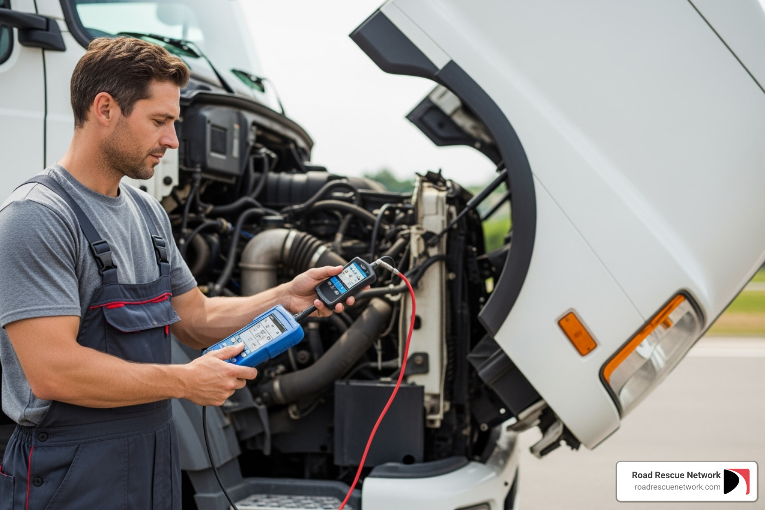 mechanic using a diagnostic tool on a truck's engine - 24 hour mobile truck repair service emergency