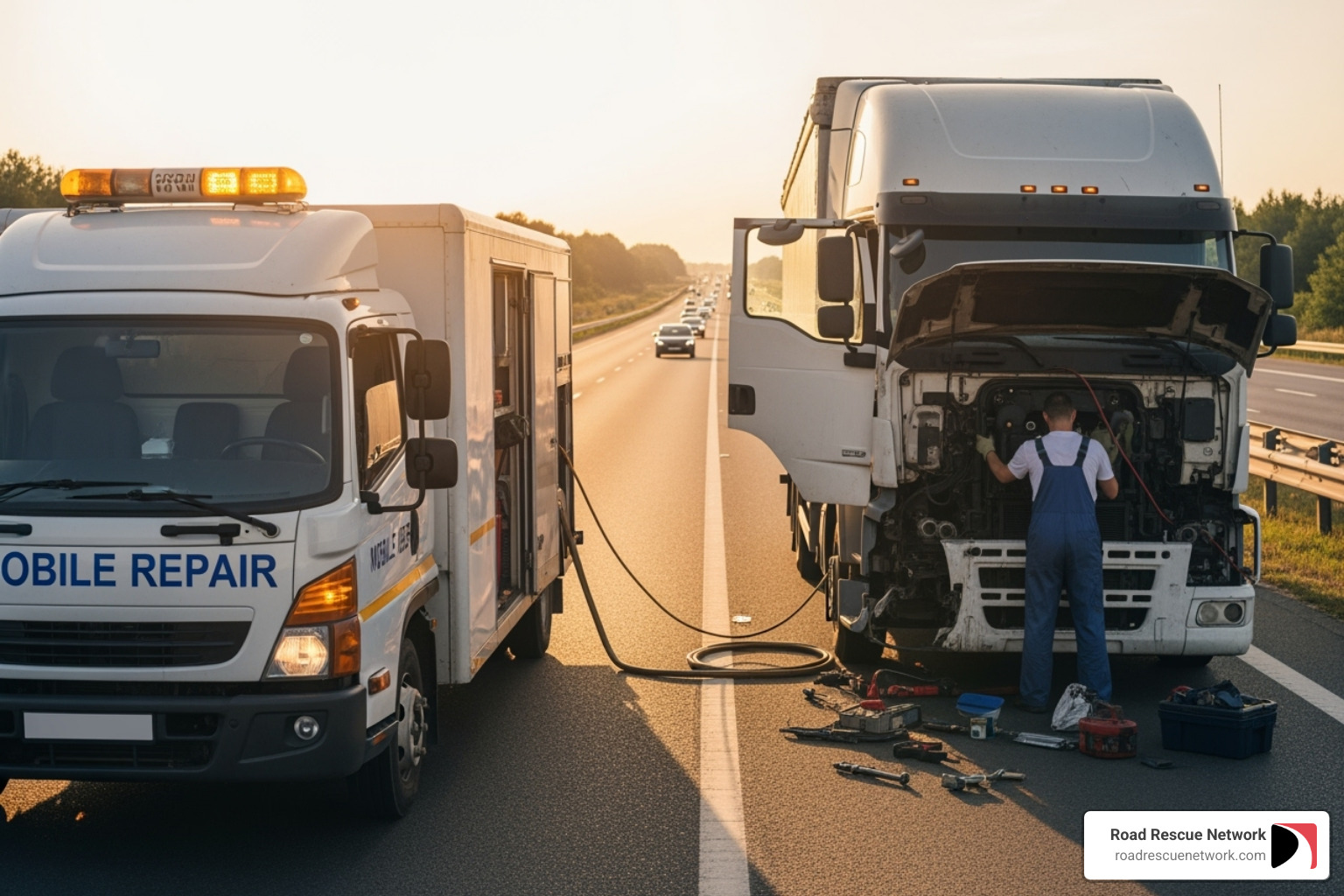 mobile repair truck servicing a semi-truck on the roadside - 24 hour mobile truck repair service emergency