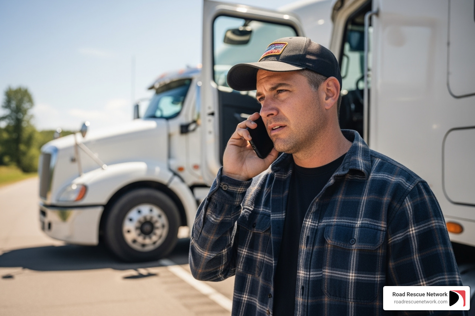 truck driver on the phone by the side of the road - 24 hour mobile truck repair service emergency
