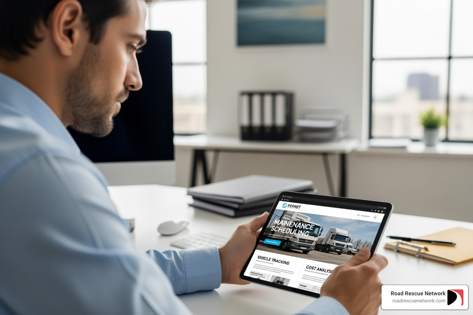 fleet manager reviewing a service provider's website on a tablet - 24 hour mobile truck repair service emergency