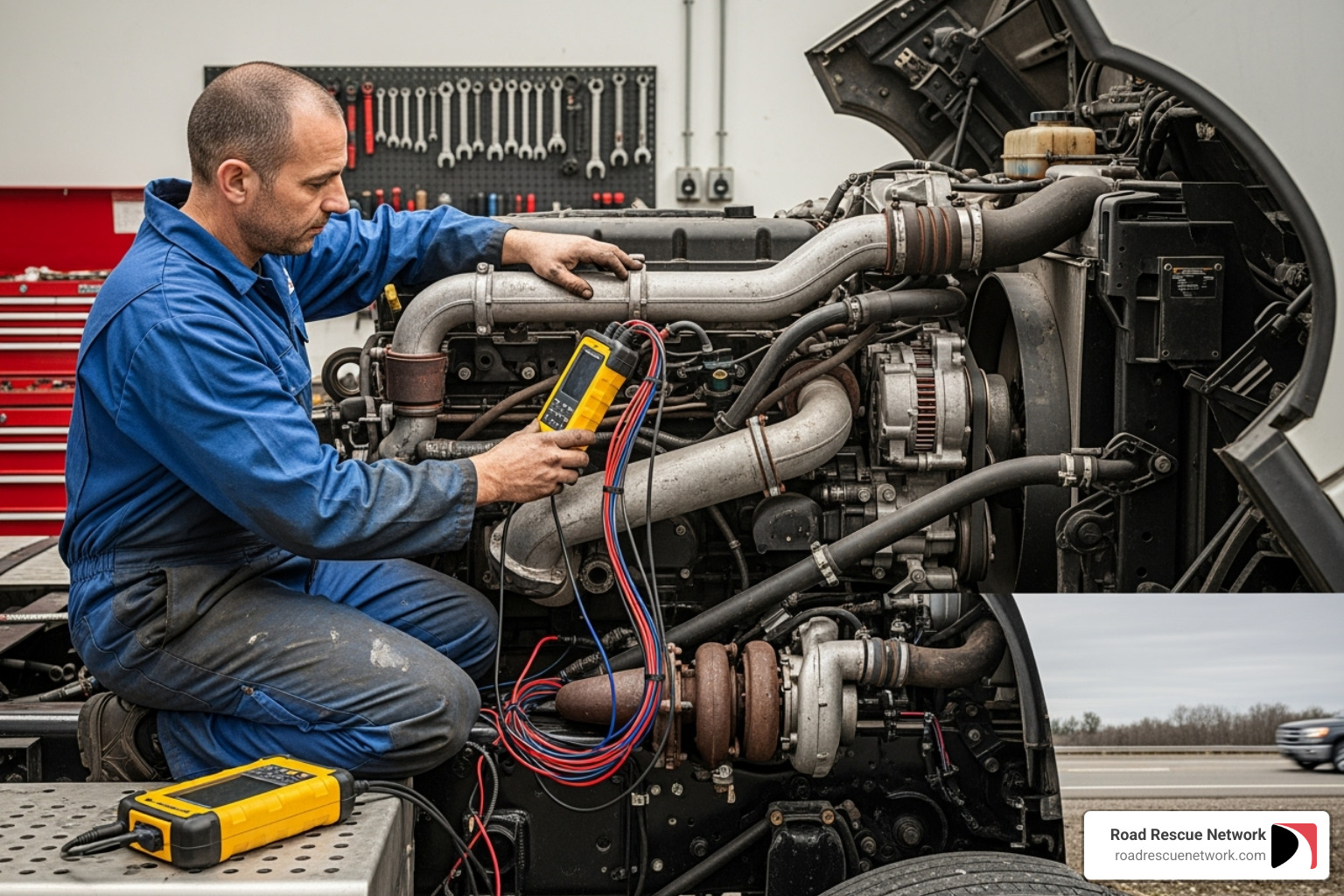 mechanic's diagnostic tools connected to truck engine - apply for road rescue position diesel mechanic's diagnostic tools connected to truck engine - apply for road rescue position diesel