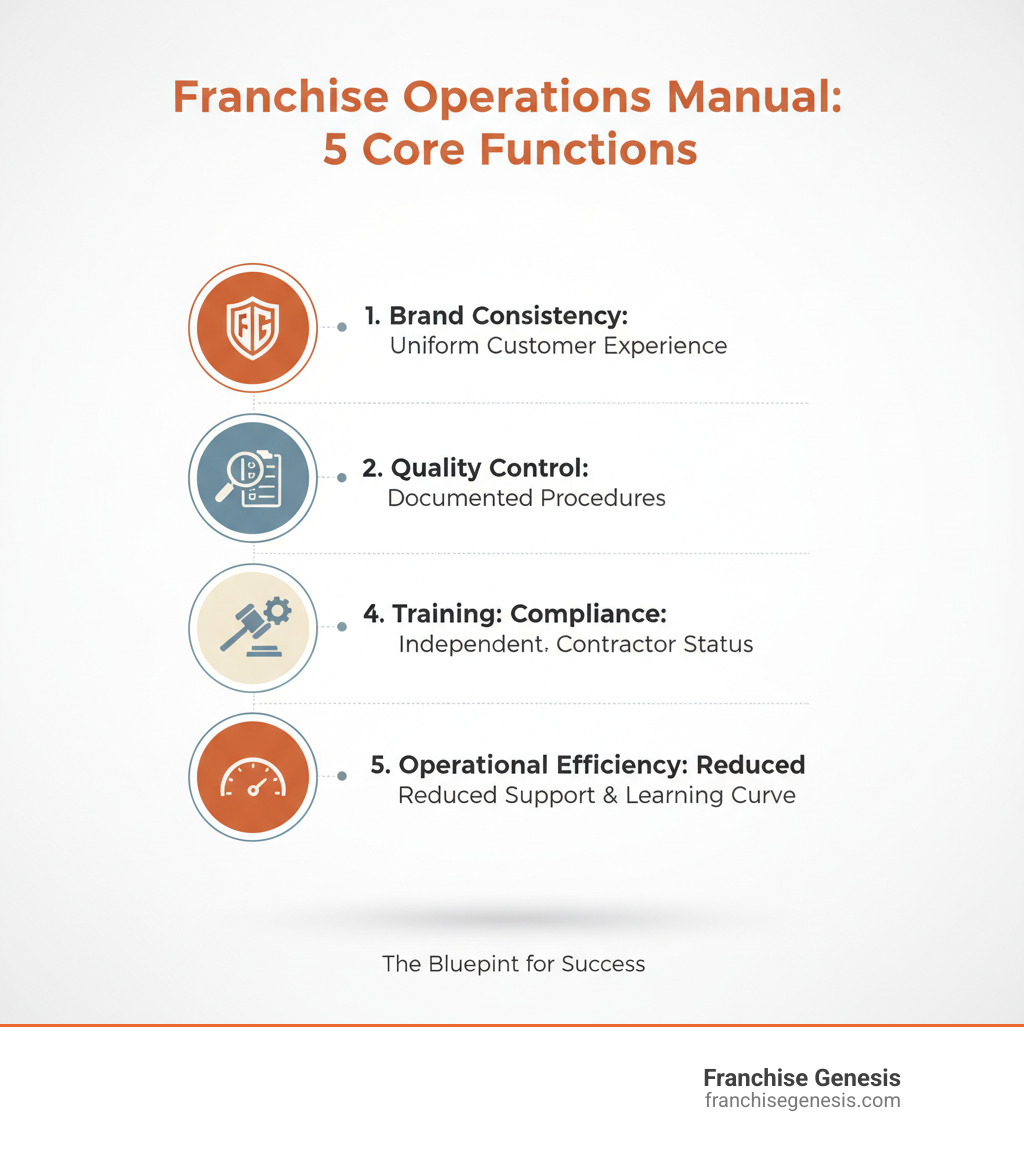 Infographic showing the five core functions of a franchise operations manual: Brand Consistency (ensuring uniform customer experience across all locations), Quality Control (maintaining standards through documented procedures), Training (providing step-by-step guidance for franchisees and staff), Legal Compliance (establishing independent contractor status and system enforcement), and Operational Efficiency (reducing support burden and franchisee learning curve) - franchise operations manual infographic 