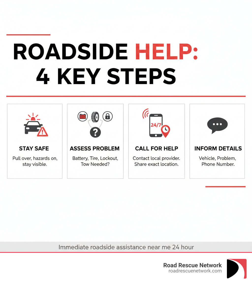 Infographic showing 4 key steps to getting roadside help: 1) Stay Safe - Pull over, turn on hazards, stay visible; 2) Assess - Identify the problem (battery, tire, lockout, tow needed); 3) Call - Contact 24/7 local provider with your exact location; 4) Inform - Share vehicle details, problem description, and phone number - immediate roadside assistance near me 24 hour infographic 