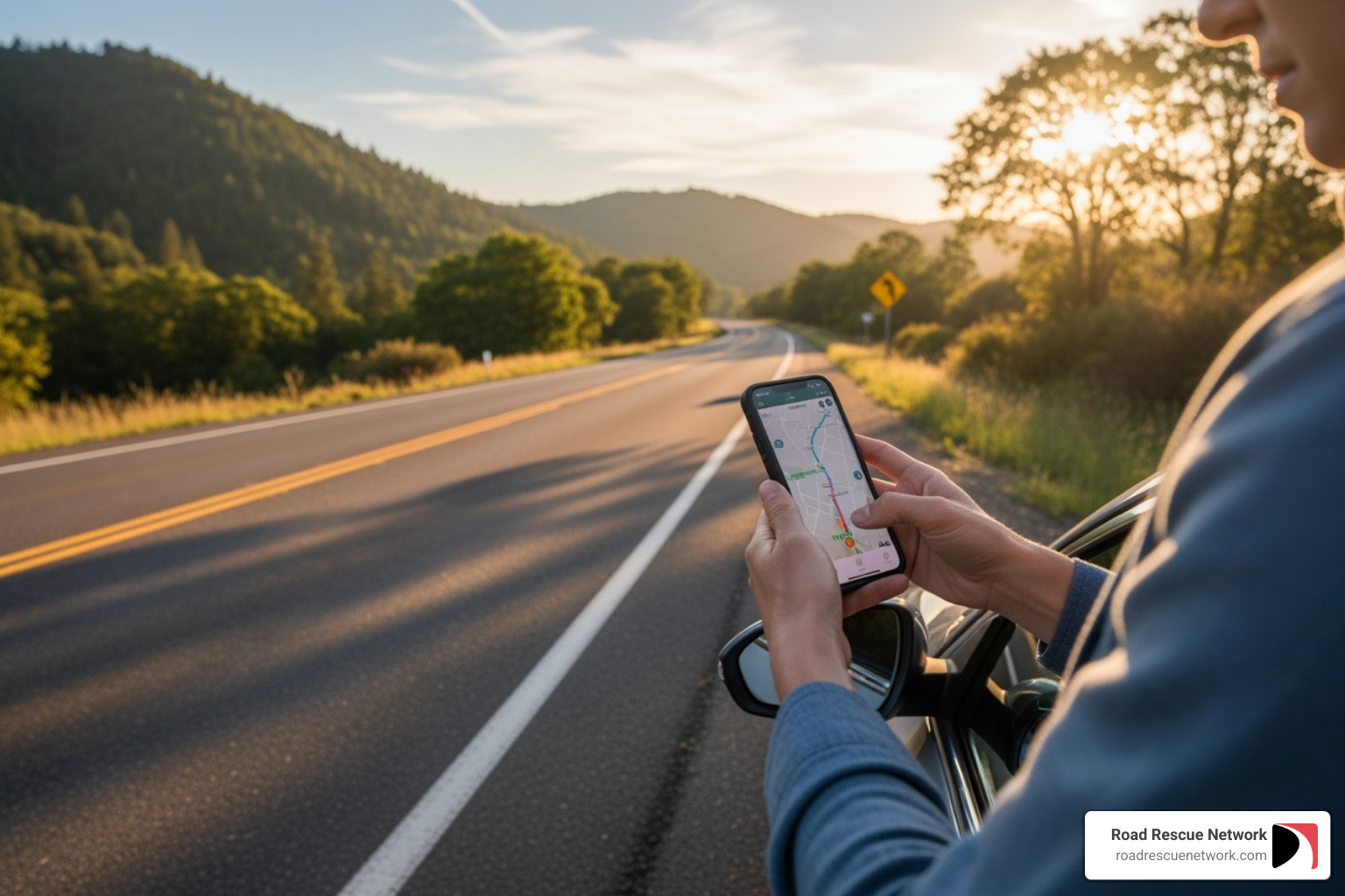 Person using smartphone map - immediate roadside assistance near me 24 hour