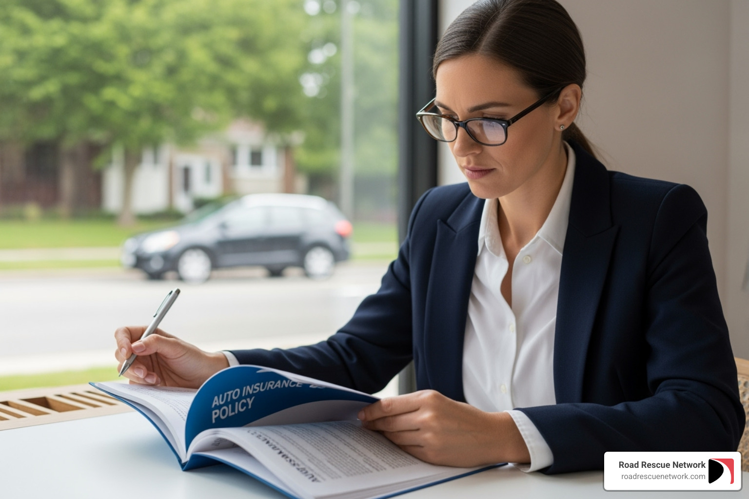 Person reviewing car insurance policy - immediate roadside assistance near me 24 hour