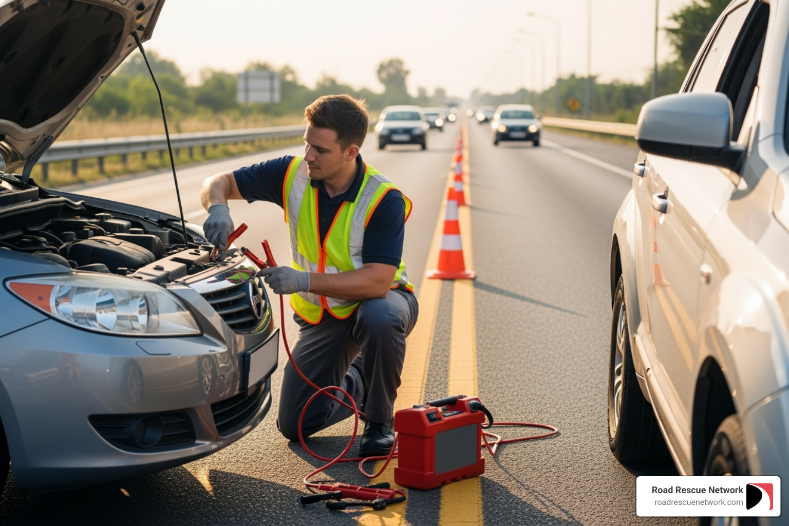 A technician performing a jump start - emergency fuel delivery service 24 hour