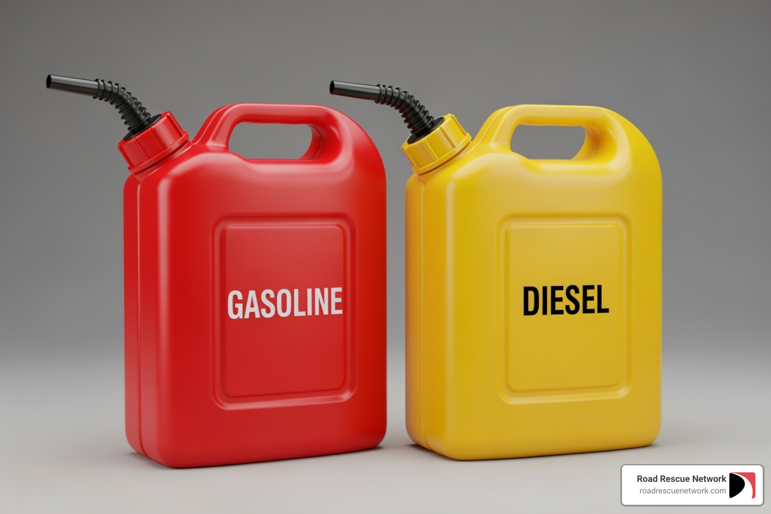 A gasoline can and a diesel can side-by-side - emergency fuel delivery service 24 hour