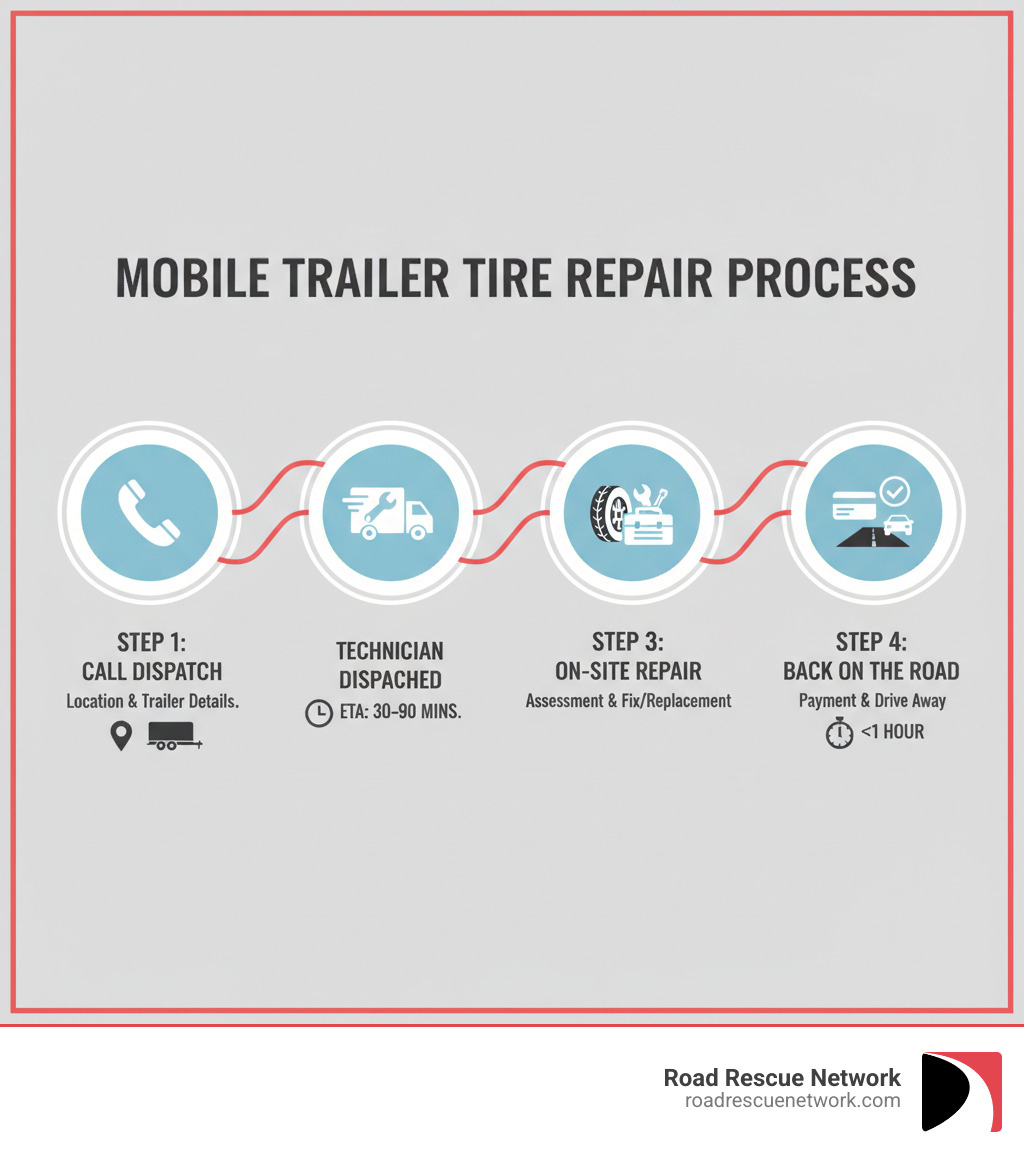 infographic showing mobile trailer tire repair process: Step 1 - Call dispatch with location and trailer details, Step 2 - Technician dispatched with estimated arrival time 30-90 minutes, Step 3 - On-site assessment and repair or replacement performed, Step 4 - Payment processed and back on the road within one hour - trailer tire repair mobile service emergency infographic 