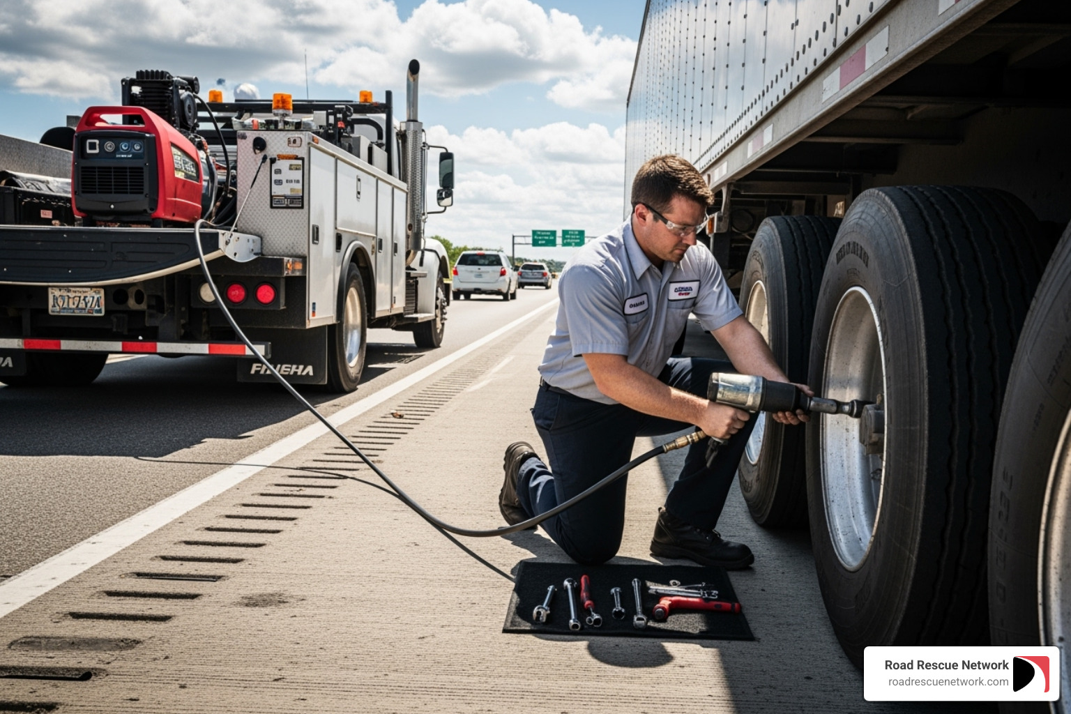 technician using a pneumatic wrench on a large trailer tire - trailer tire repair mobile service emergency