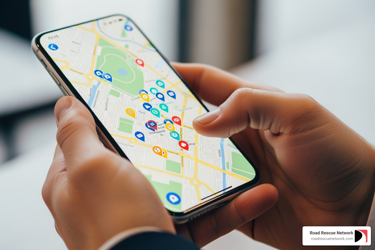 smartphone showing map with service provider pins - trailer tire repair mobile service emergency