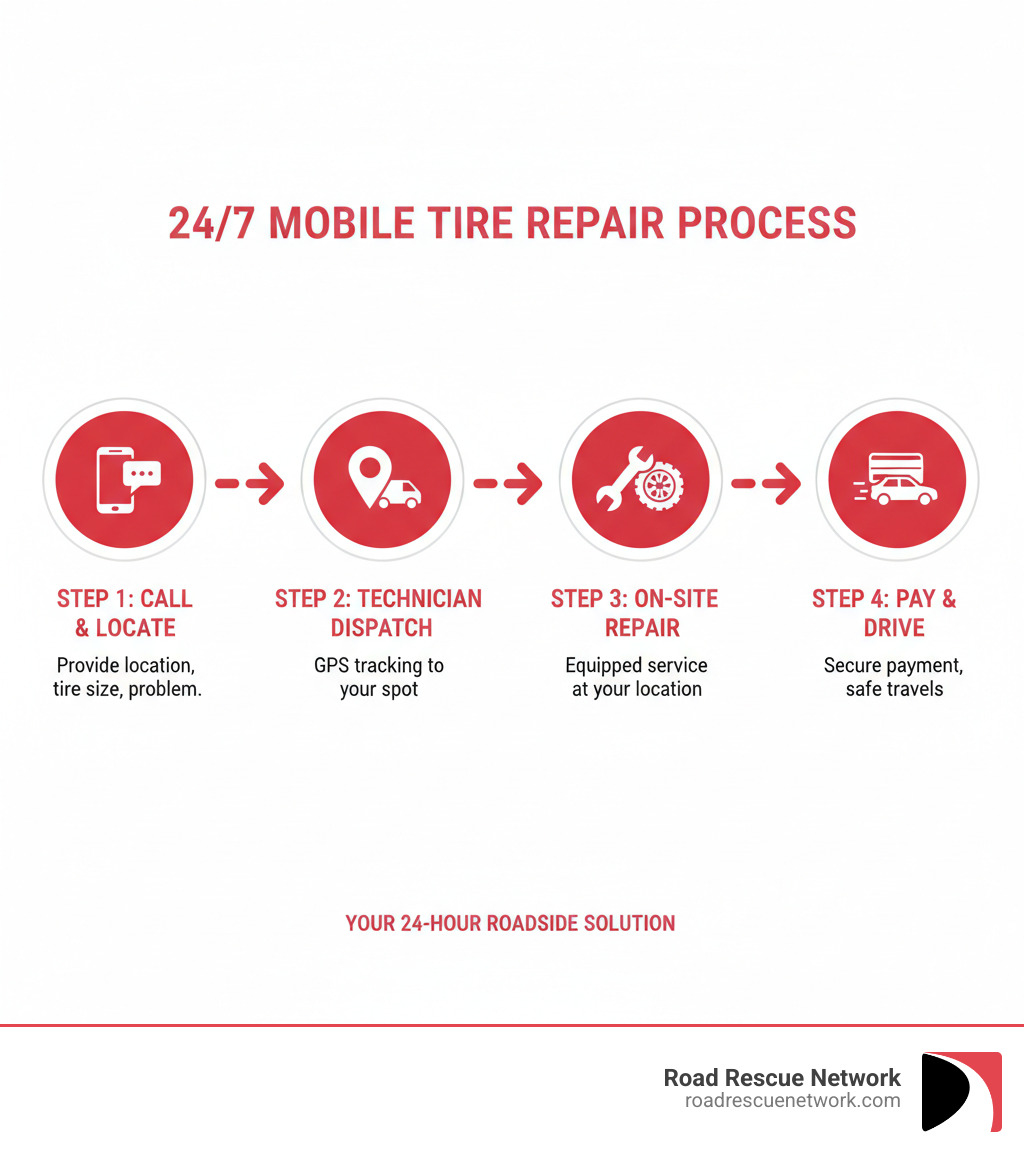 infographic showing the 4-step mobile tire repair process: Step 1 - Call the service and provide your location, tire size, and problem description. Step 2 - Technician is dispatched with GPS tracking to your exact location. Step 3 - On-site repair or replacement performed with professional equipment. Step 4 - Payment processed and you drive away safely. - 24 hr mobile tire repair 24 hour infographic infographic showing the 4-step mobile tire repair process: Step 1 - Call the service and provide your location, tire size, and problem description. Step 2 - Technician is dispatched with GPS tracking to your exact location. Step 3 - On-site repair or replacement performed with professional equipment. Step 4 - Payment processed and you drive away safely. - 24 hr mobile tire repair 24 hour infographic