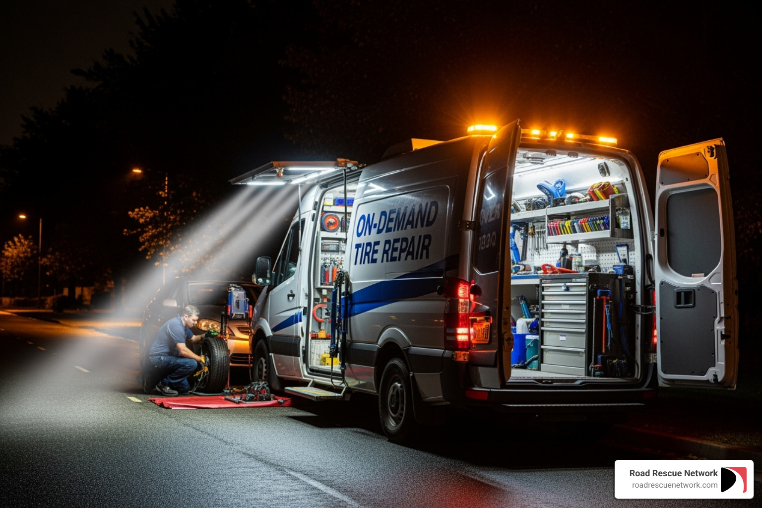 well-lit mobile service van creating a safe work zone at night - 24 hr mobile tire repair 24 hour well-lit mobile service van creating a safe work zone at night - 24 hr mobile tire repair 24 hour