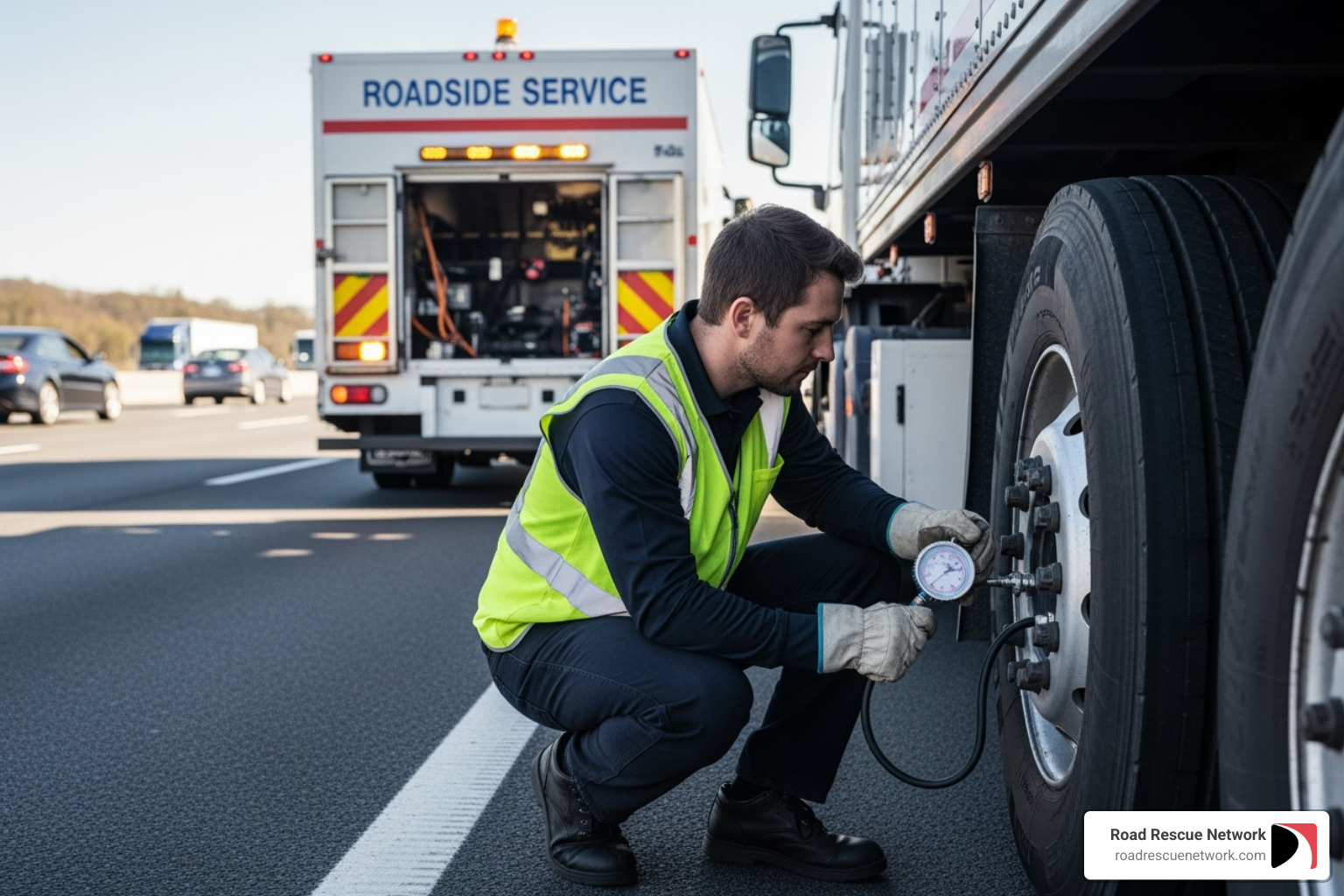 technician inspecting a large truck tire - 24 hr mobile tire repair 24 hour technician inspecting a large truck tire - 24 hr mobile tire repair 24 hour