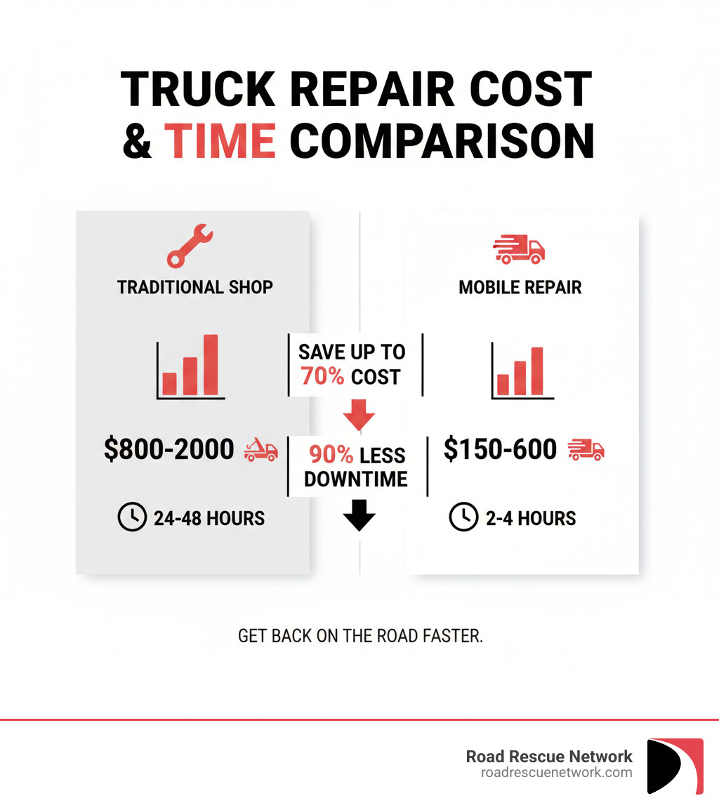 infographic showing breakdown costs comparison: traditional shop with towing ($800-2000 total cost, 24-48 hour downtime) versus mobile repair ($150-600 total cost, 2-4 hour downtime), highlighting savings of up to 70% in costs and 90% reduction in downtime - truck repair that comes to you 24 hour infographic 
