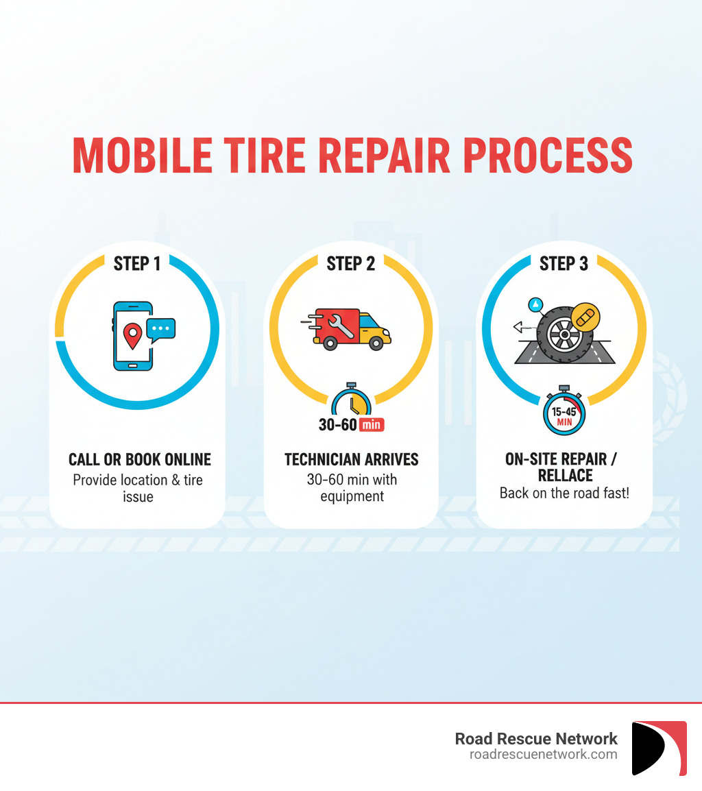 Infographic showing the mobile tire repair process: Step 1 - Call or book online and provide your location and tire issue. Step 2 - Mobile technician arrives in 30-60 minutes with professional equipment. Step 3 - Tire repaired or replaced on-site in 15-45 minutes, you're back on the road. - mobile tire repair vancouver infographic Infographic showing the mobile tire repair process: Step 1 - Call or book online and provide your location and tire issue. Step 2 - Mobile technician arrives in 30-60 minutes with professional equipment. Step 3 - Tire repaired or replaced on-site in 15-45 minutes, you're back on the road. - mobile tire repair vancouver infographic