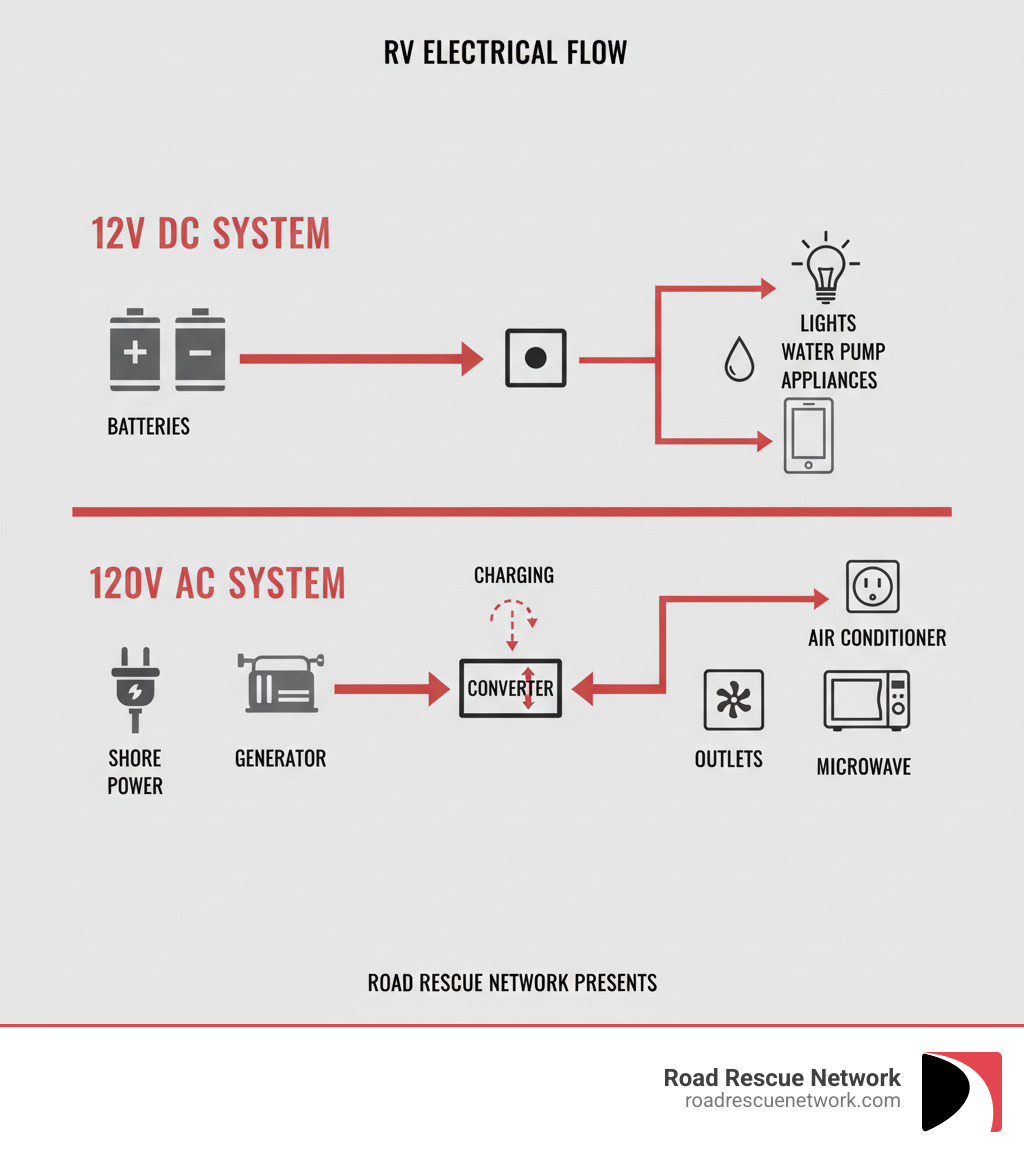 Infographic showing how 12V DC power flows from batteries to lights, water pump, and appliances, while 120V AC power flows from shore power or generator through a converter to outlets, air conditioner, and microwave - RV electrical problem infographic Infographic showing how 12V DC power flows from batteries to lights, water pump, and appliances, while 120V AC power flows from shore power or generator through a converter to outlets, air conditioner, and microwave - RV electrical problem infographic