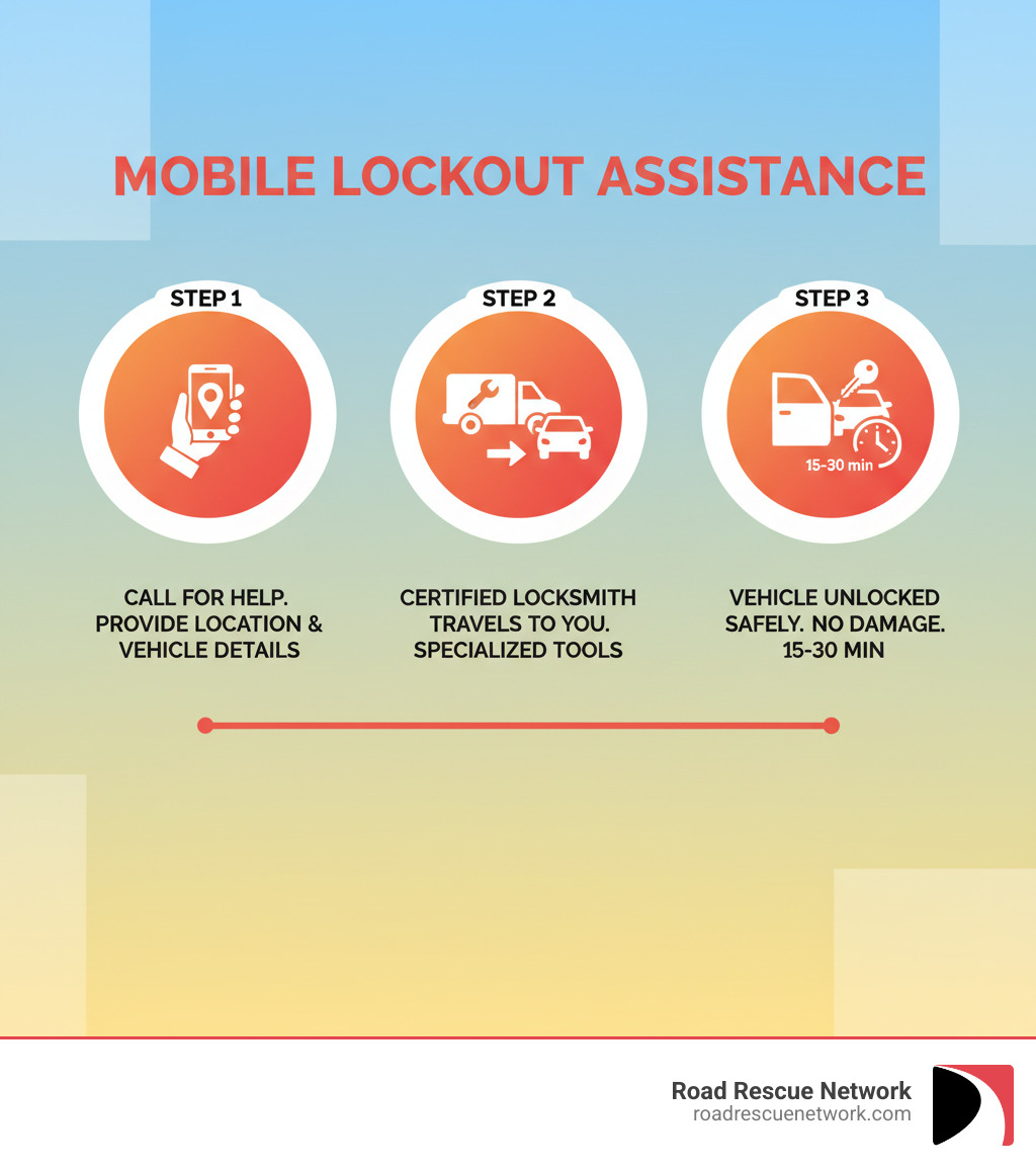 Infographic showing the 3-step mobile lockout process: Step 1 - Call for immediate help and provide your location and vehicle details. Step 2 - A certified mobile locksmith travels directly to you with specialized unlocking tools. Step 3 - Your vehicle is unlocked safely without damage, typically within 15-30 minutes. - auto lockout 24 hour service mobile infographic 