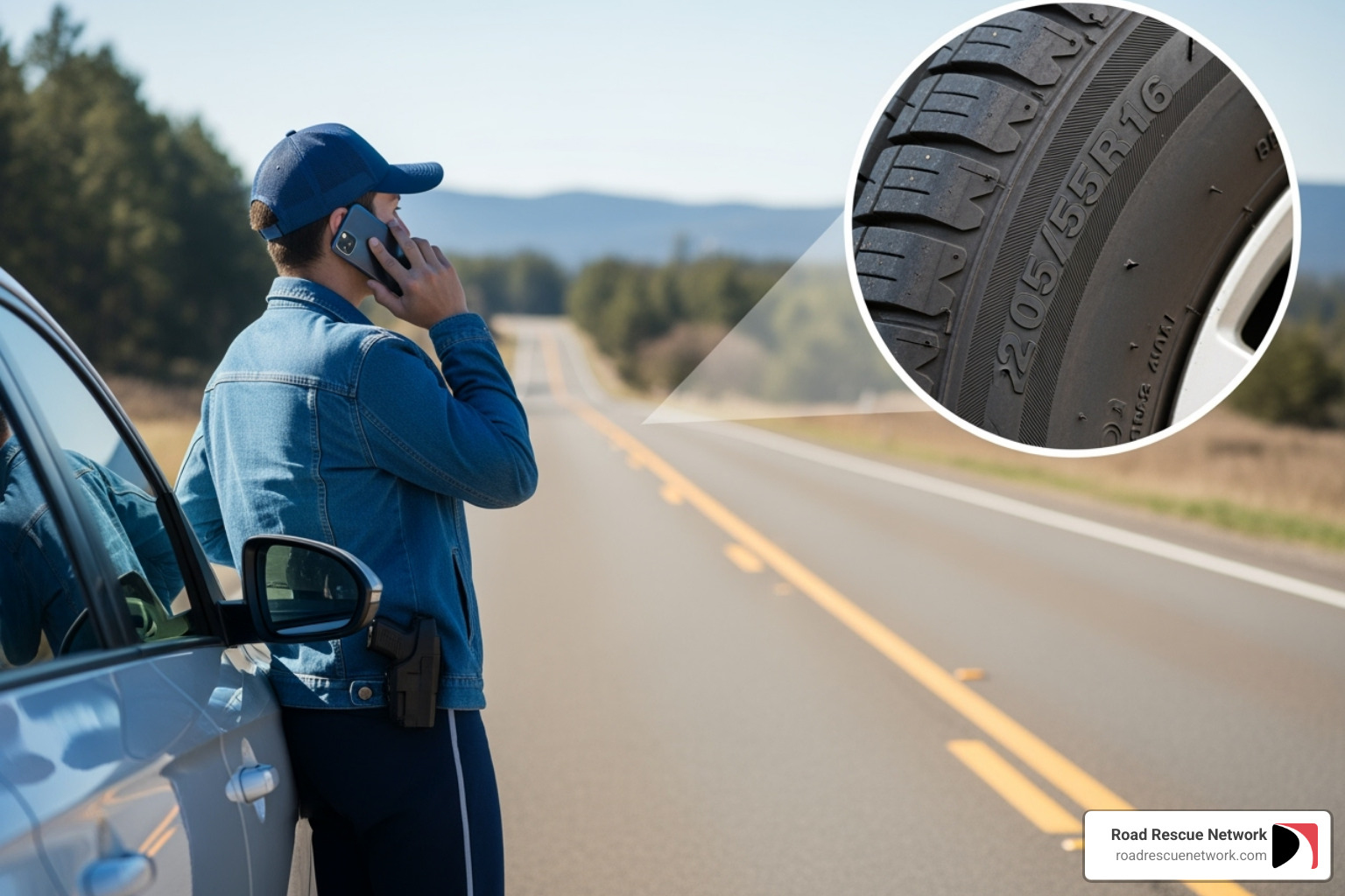 a driver safely pulled over on the phone, with an inset image showing the tire size numbers on a tire's sidewall - 24 hr mobile tire repair best a driver safely pulled over on the phone, with an inset image showing the tire size numbers on a tire's sidewall - 24 hr mobile tire repair best