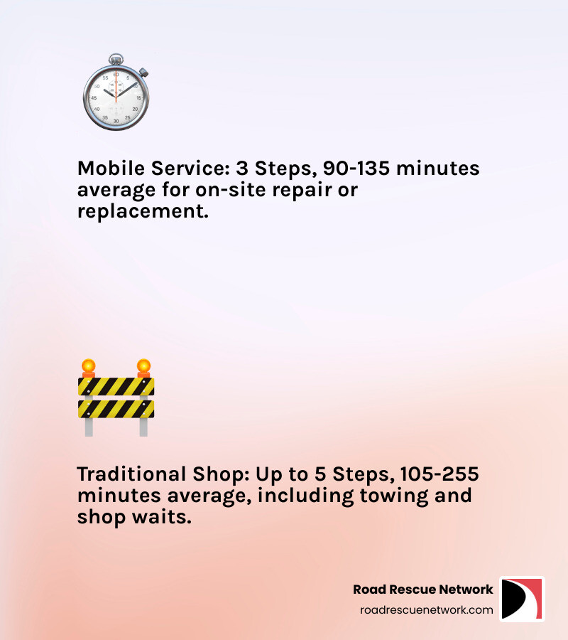 Infographic explaining the difference in time and steps between calling a mobile service vs. getting towed to a shop. Mobile service: Step 1 - Call for help, Step 2 - Technician arrives in 60-90 minutes, Step 3 - Tire repaired or replaced on-site in 30-45 minutes, Total time: 90-135 minutes. Traditional shop: Step 1 - Call tow truck, Step 2 - Wait for tow (30-60 minutes), Step 3 - Tow to shop (15-30 minutes), Step 4 - Wait in line at shop (30-120 minutes), Step 5 - Tire replaced (30-45 minutes), Total time: 105-255 minutes. Mobile service shown as clearly faster with fewer steps and less total time. - 24 hr mobile tire repair best infographic 2_facts_emoji_light-gradient Infographic explaining the difference in time and steps between calling a mobile service vs. getting towed to a shop. Mobile service: Step 1 - Call for help, Step 2 - Technician arrives in 60-90 minutes, Step 3 - Tire repaired or replaced on-site in 30-45 minutes, Total time: 90-135 minutes. Traditional shop: Step 1 - Call tow truck, Step 2 - Wait for tow (30-60 minutes), Step 3 - Tow to shop (15-30 minutes), Step 4 - Wait in line at shop (30-120 minutes), Step 5 - Tire replaced (30-45 minutes), Total time: 105-255 minutes. Mobile service shown as clearly faster with fewer steps and less total time. - 24 hr mobile tire repair best infographic 2_facts_emoji_light-gradient