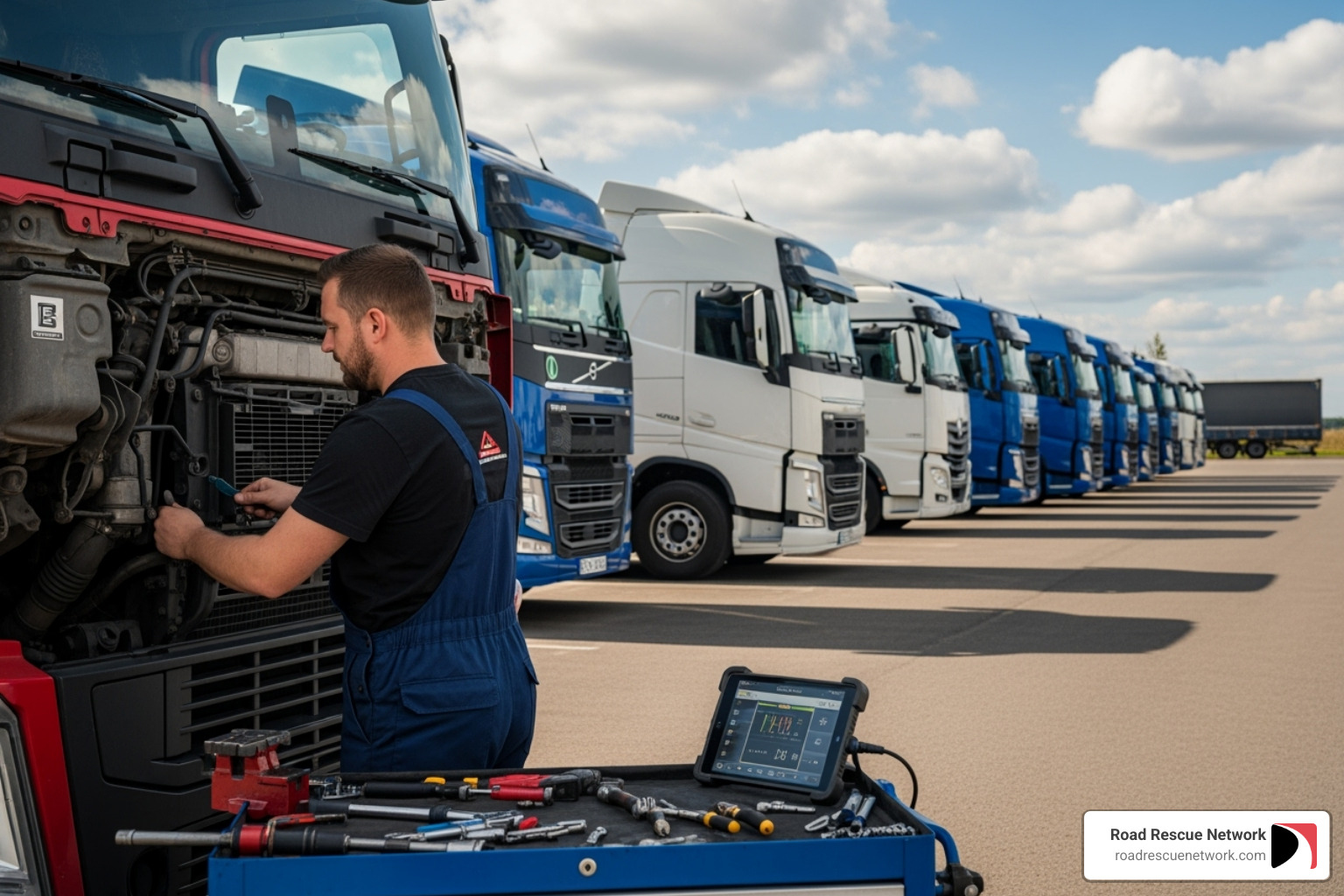mobile mechanic performing scheduled maintenance on a fleet of trucks - truck repair that comes to you 24 hour
