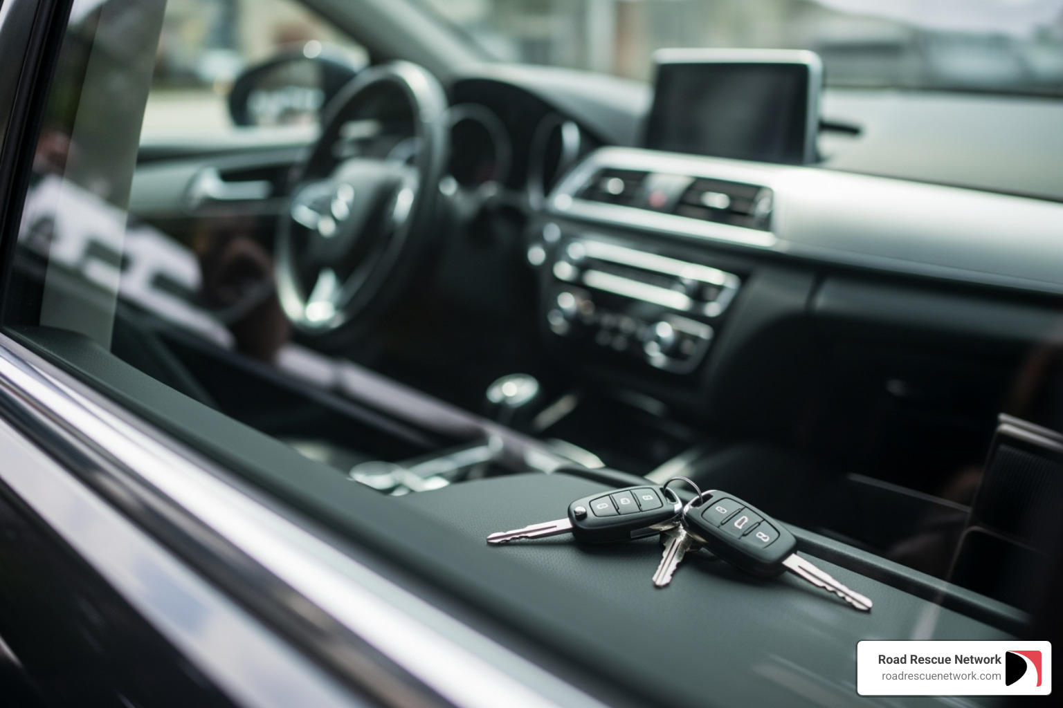 Keys visible on a car's center console through the window - auto lockout 24 hour service mobile