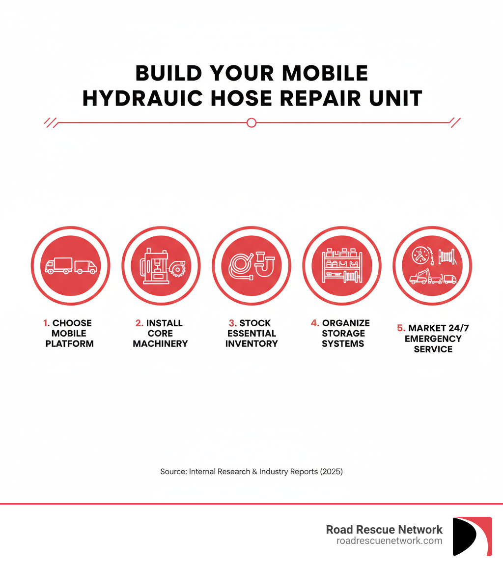Infographic showing the 5 key steps to building a hydraulic hose repair mobile unit truck business: 1) Choose your mobile platform (truck, van, or trailer) based on budget and terrain needs, 2) Install hydraulic crimping and cutting machinery with proper power supply, 3) Stock essential hoses and fittings for your target industries, 4) Organize inventory with dust-proof reels and labeled storage systems, 5) Market 24/7 emergency service to construction, agriculture, mining, and trucking companies - hydraulic hose repair mobile unit truck infographic 