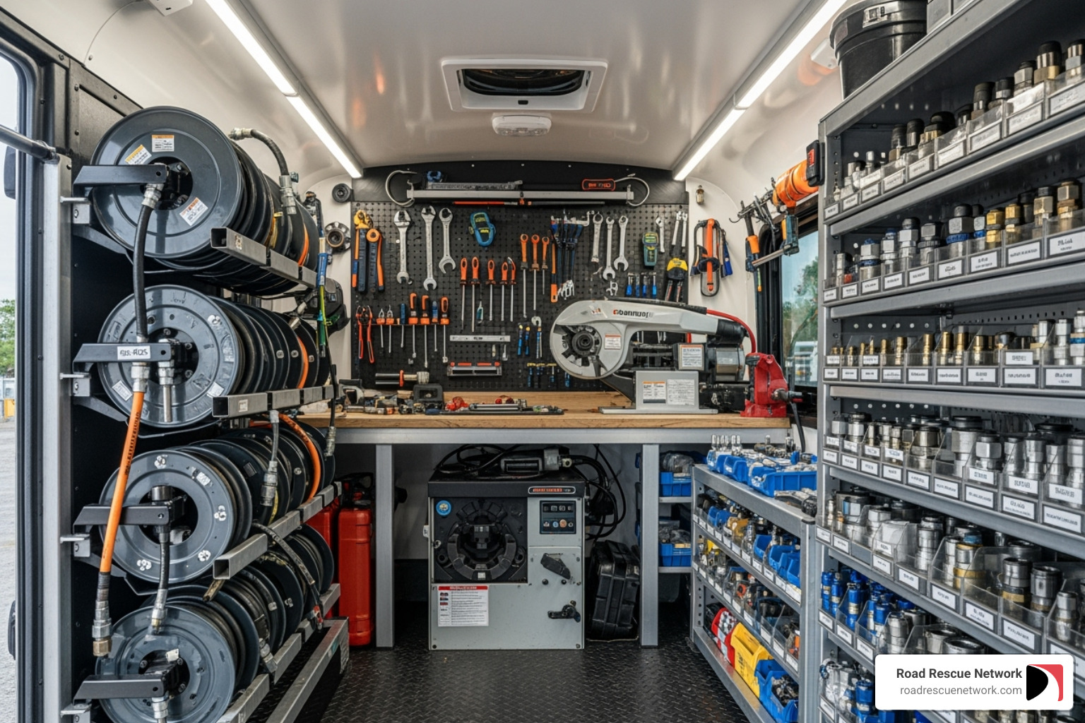 well-organized interior of a service truck, showing the crimper and hose reels - hydraulic hose repair mobile unit truck