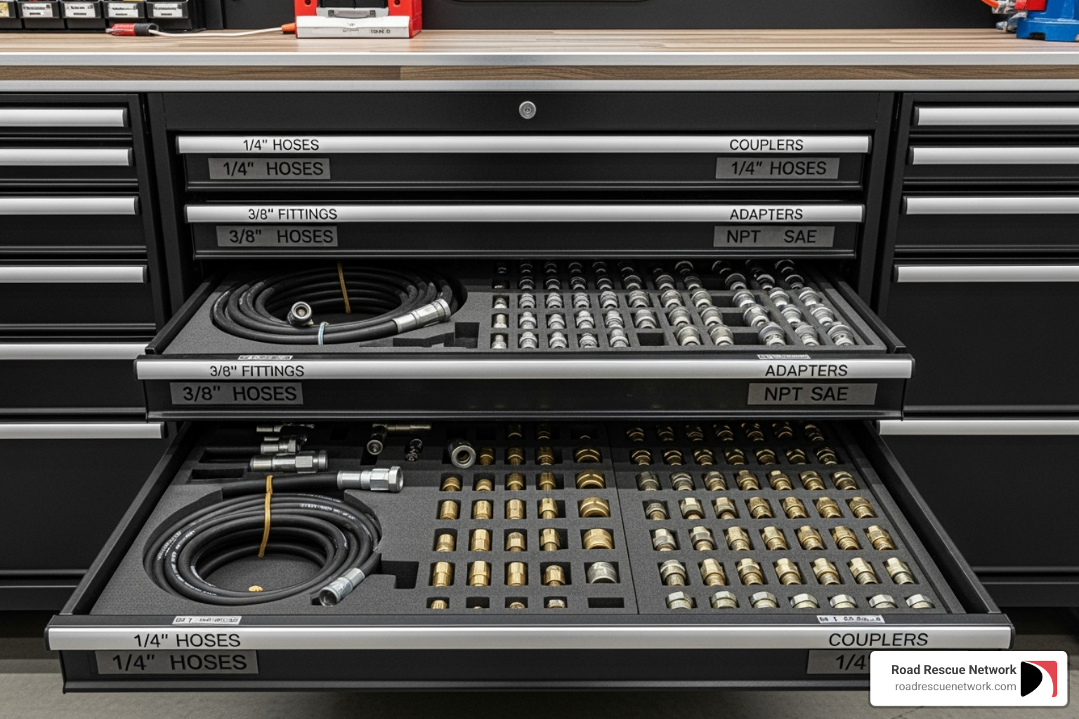 various hydraulic hoses and fittings organized in drawers - hydraulic hose repair mobile unit truck