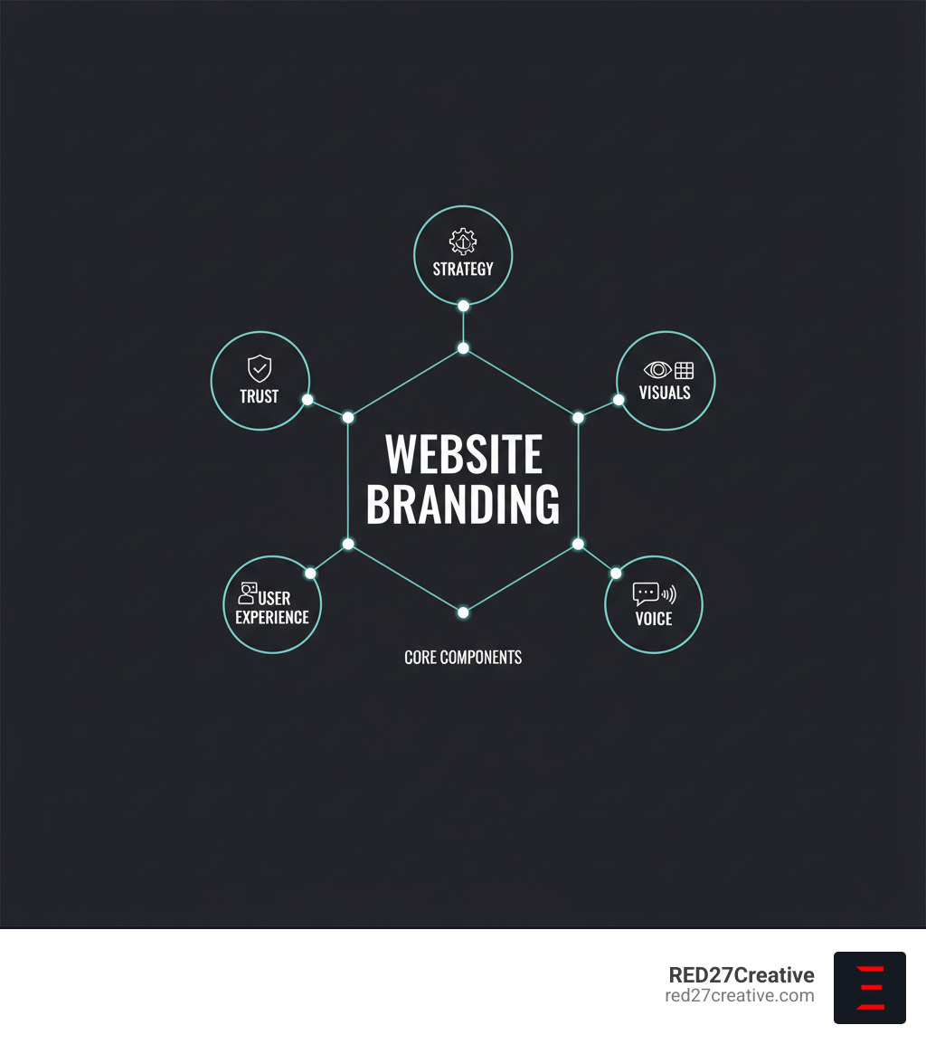 Infographic explaining the core components of website branding: Strategy, Visuals, Voice, User Experience, and Trust. - Brand building website infographic Infographic explaining the core components of website branding: Strategy, Visuals, Voice, User Experience, and Trust. - Brand building website infographic