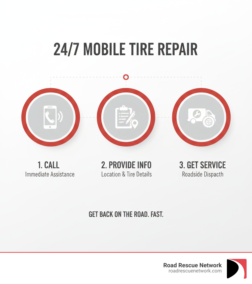 Infographic showing 3 steps to get 24/7 mobile tire repair: Call, Provide Info, Get Service - 24/7 tire repair infographic 