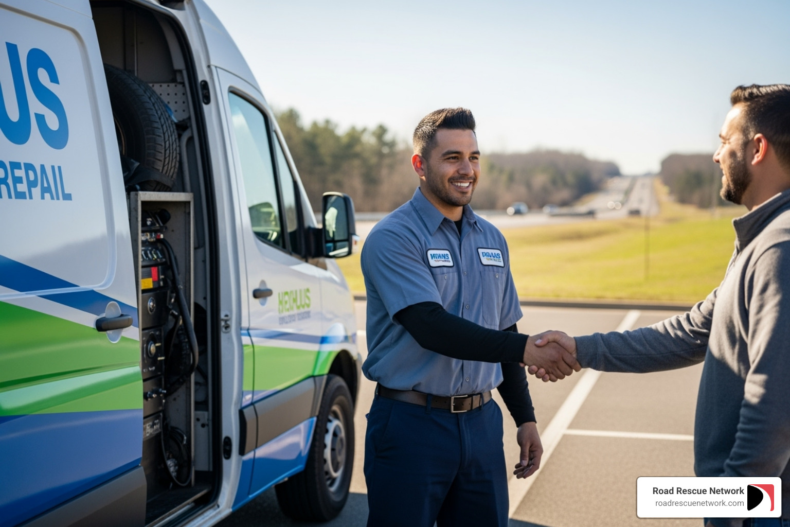 Customer shaking hands with a friendly technician - 24/7 tire repair