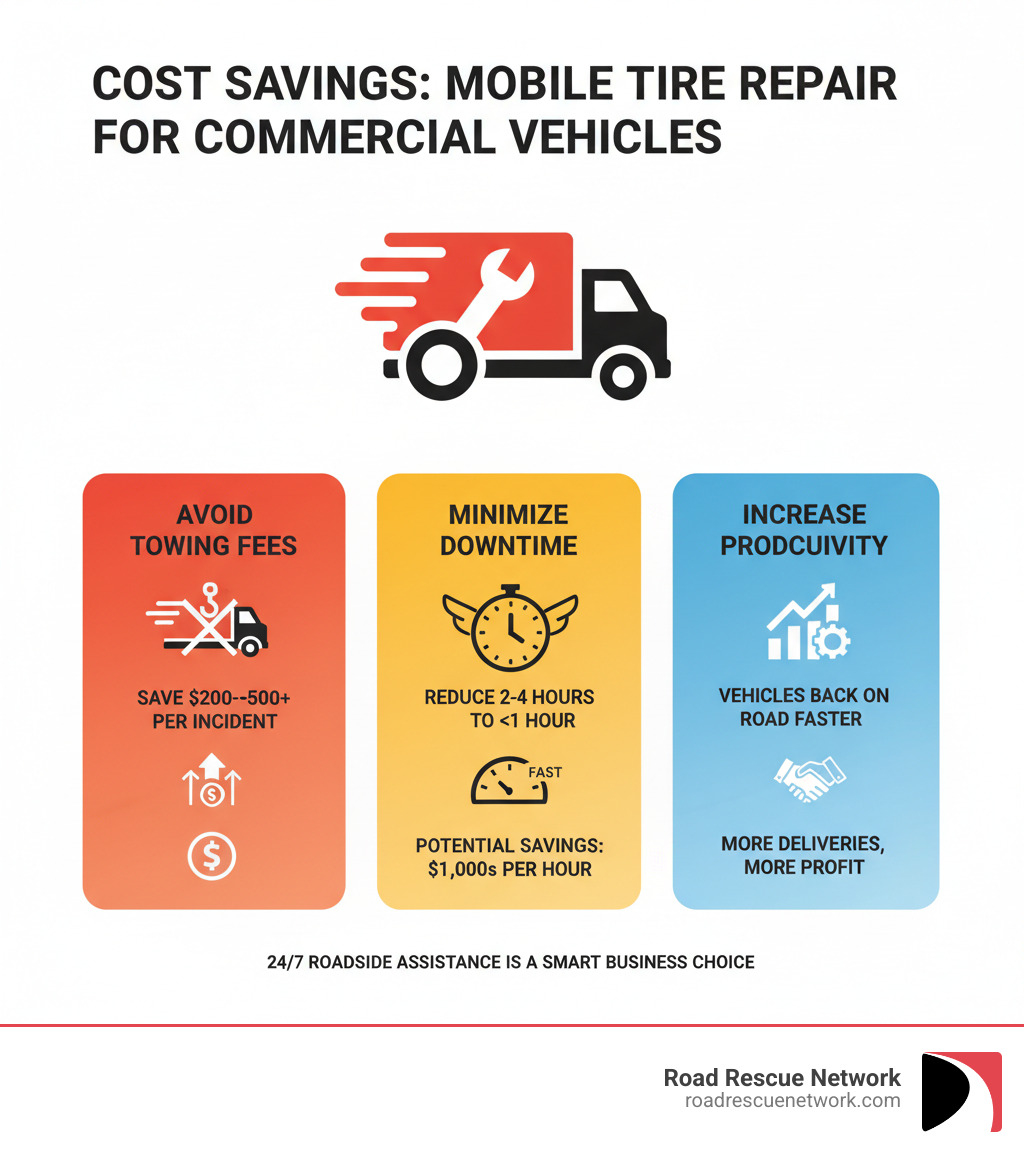 Infographic showing the average cost savings of mobile tire repair for commercial vehicles - 24/7 tire repair infographic 