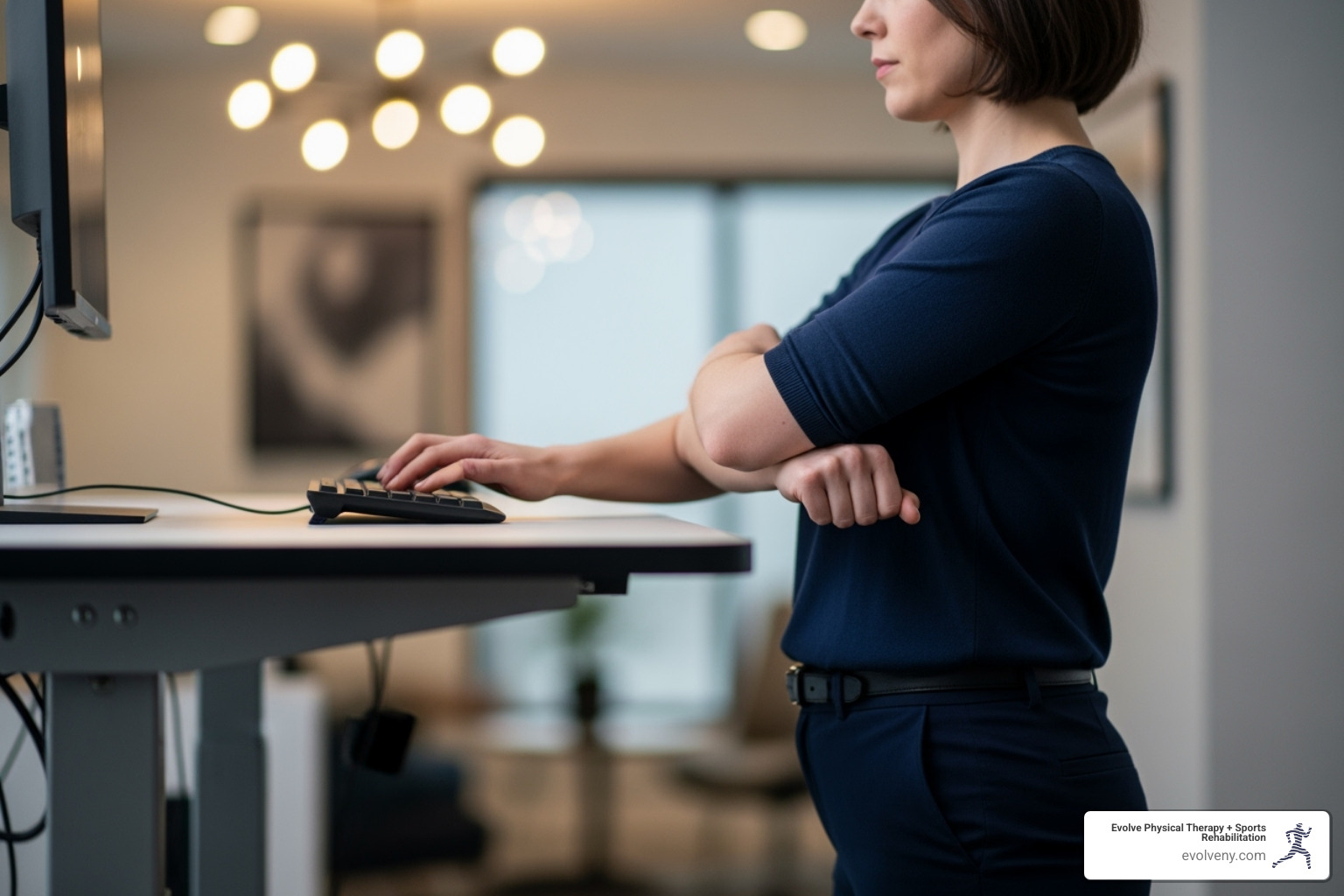 person demonstrating 90 degree elbow angle at a standing desk - ergonomics standing desk posture person demonstrating 90 degree elbow angle at a standing desk - ergonomics standing desk posture