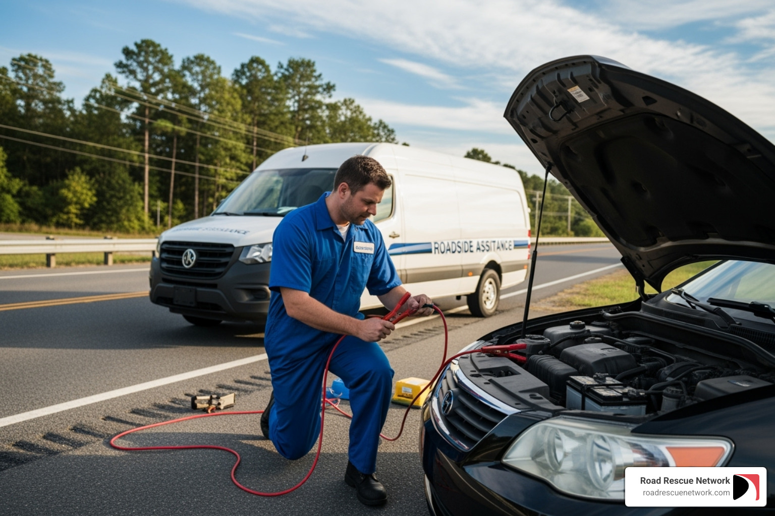 Image of a service technician jump-starting a car battery - emergency roadside help for cars cheap Image of a service technician jump-starting a car battery - emergency roadside help for cars cheap